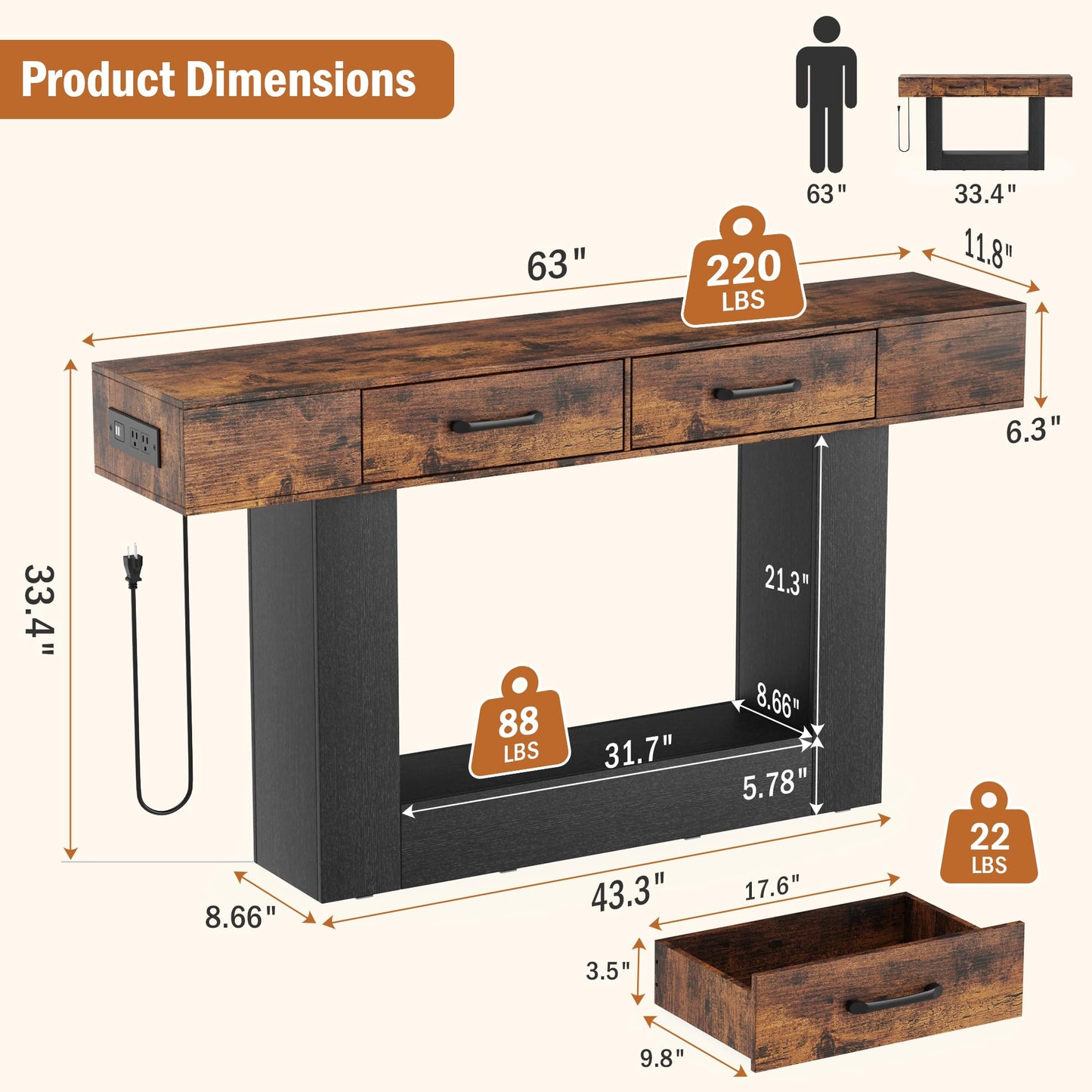 63" Long Console Table with LED Lights & Charging Station,2-Tier Entryway Table with Drawers and Open Storage Shelf for Entry Way,Farmhouse Sofa Table with Heavy Duty Base for Hallway, Foyer(Brown)