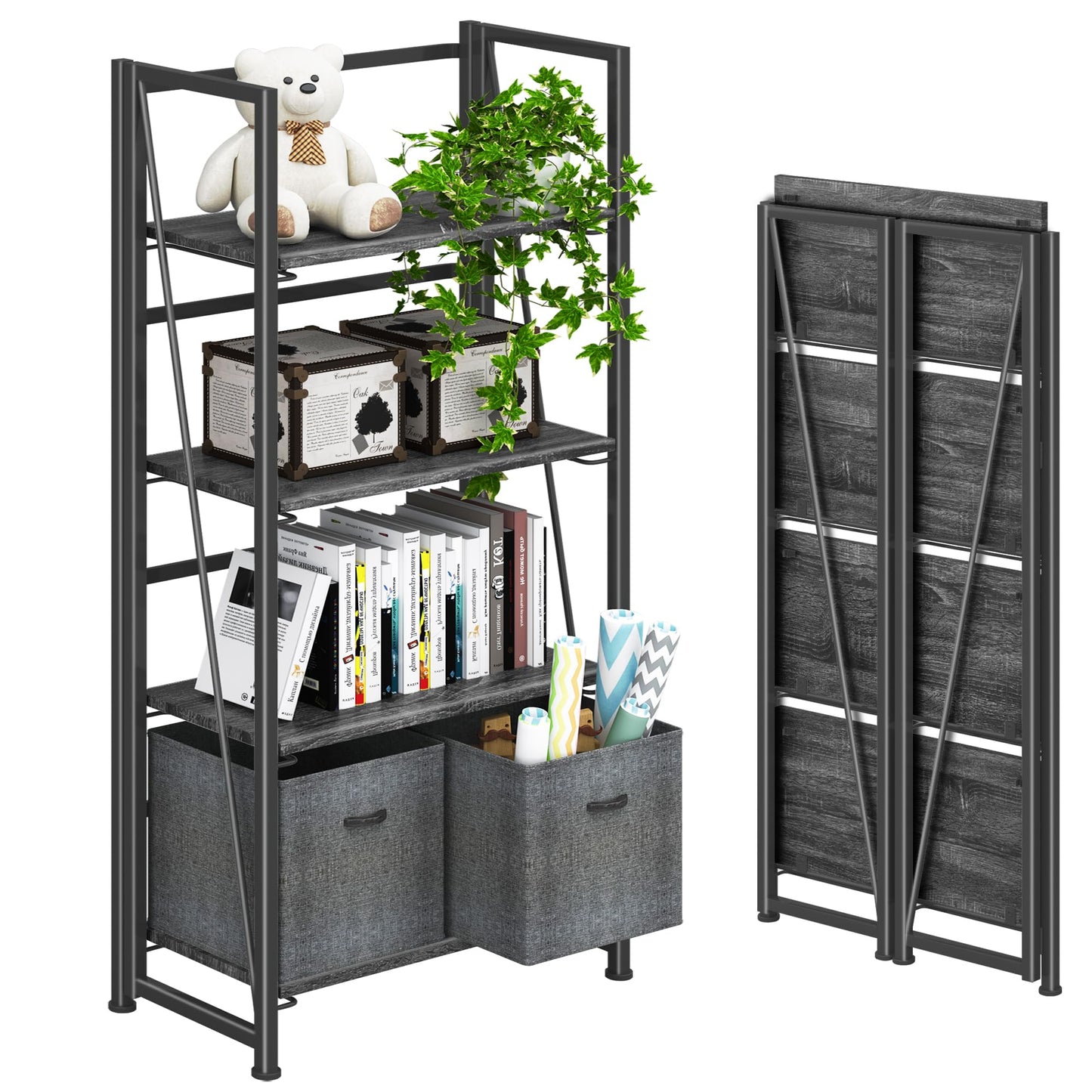 4NM No-Assembly Folding Bookshelf Storage Shelves 4 Tiers Vintage Bookcase Standing Racks Study Organizer Home Office (Gray Black)