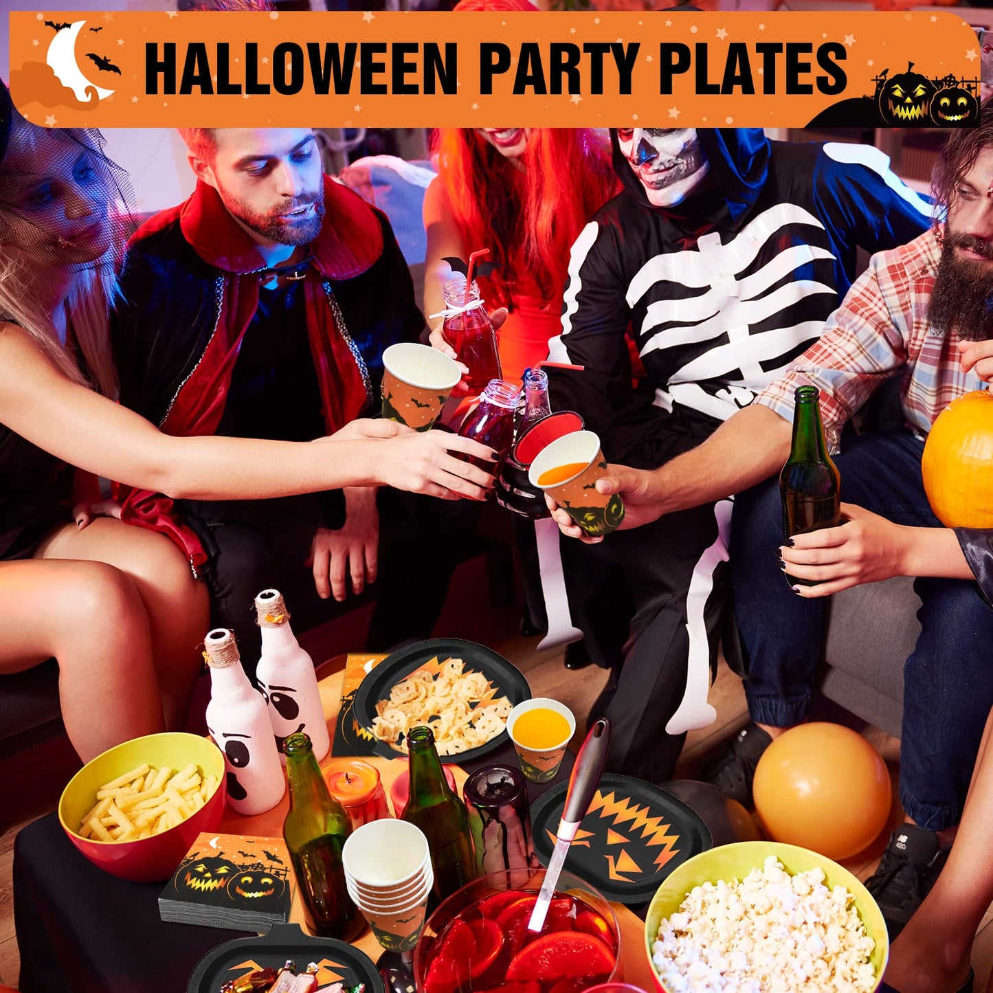 150Pcs Halloween Plates and Napkins Cups Party Supplies Disposable Dinner Dessert Appetizer Cutlery Plates Dinnerware Sets Black Pumpkin Jack-o'-lanterns Orange Spooky Decorations