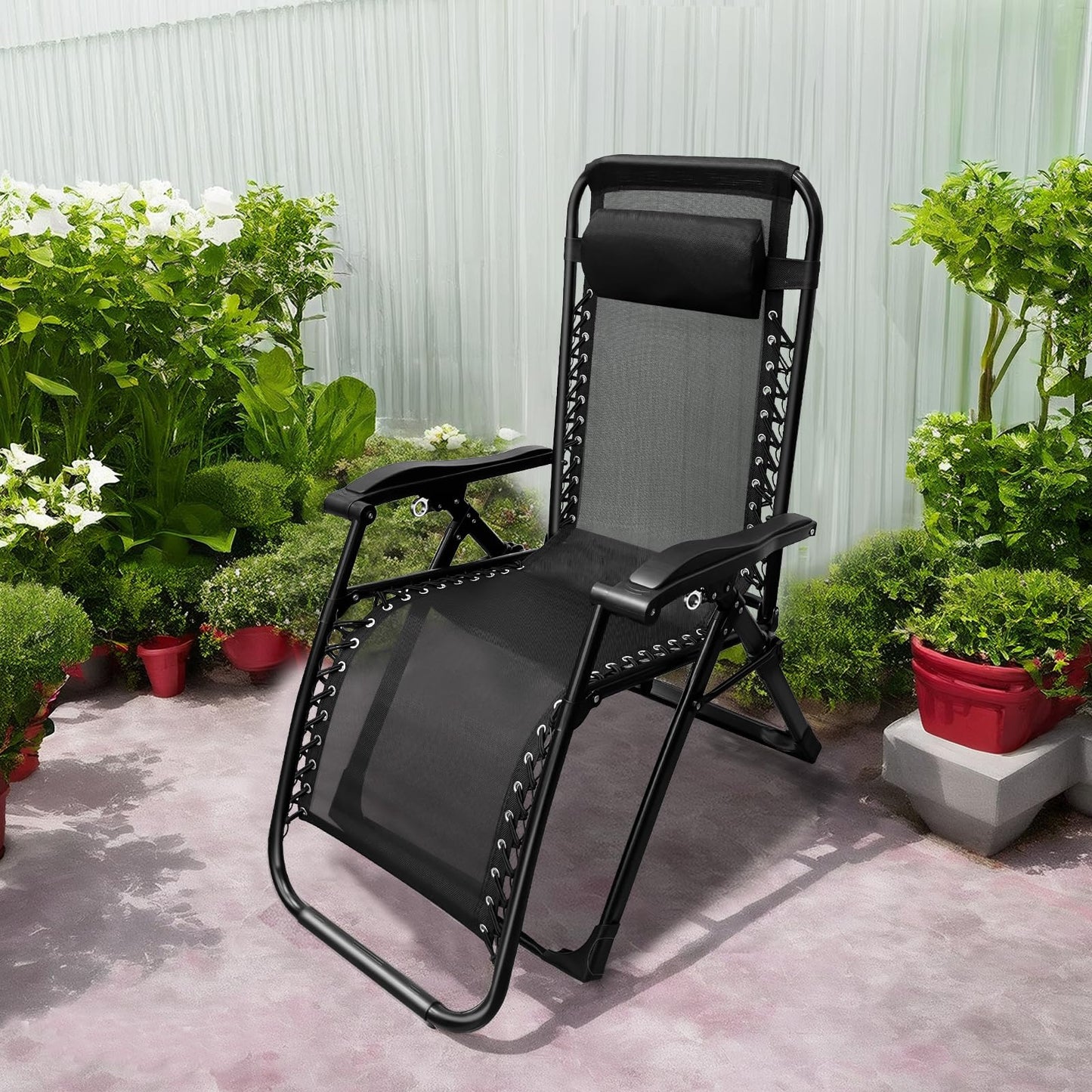 XYJBHB Zero Gravity Lounge Chair with Pillow - Thickened Pipe Outdoor Patio Folding Recliner, 26" Width, Adjustable, Steel Frame, Black - Ideal for Pool, Beach & Camping (Set of 2)