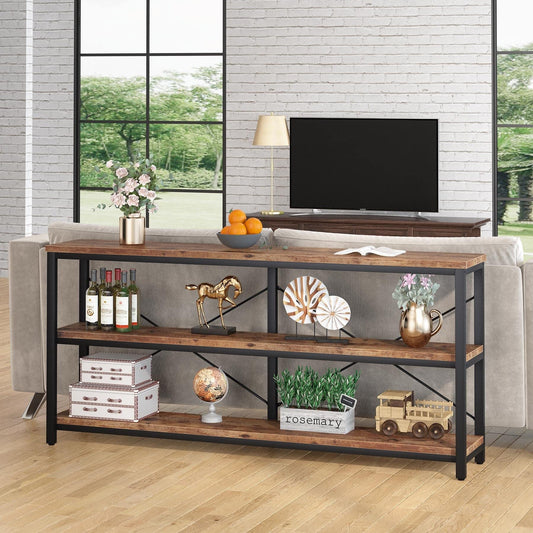 70.8" Extra Long Narrow Console Table Sofa Table Entryway Table with 3 Tiers Storage Shelves Rustic Brown Rustic, Vintage