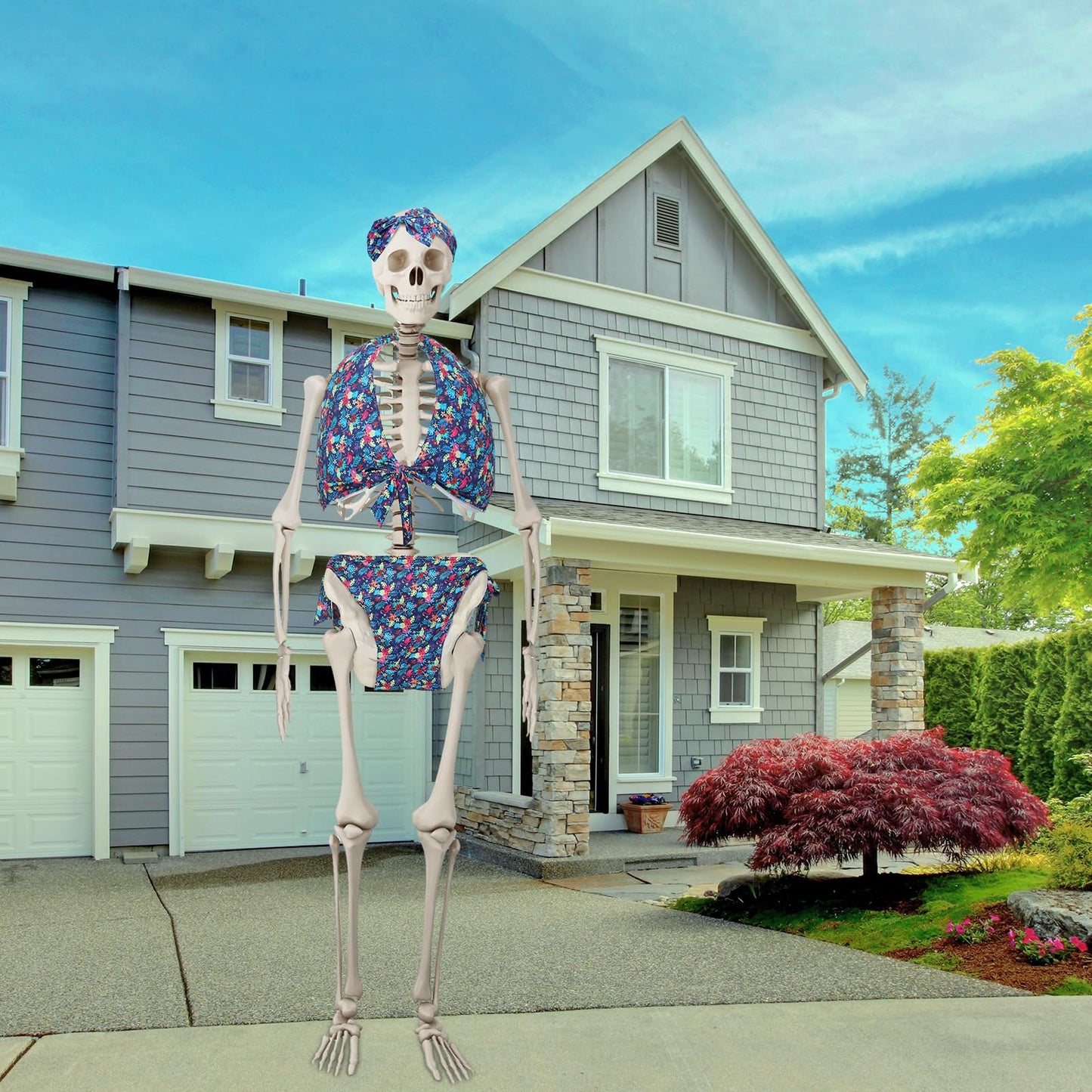 3 Pcs Hawaii 12 ft Giant Skeleton Costume Accessories Set Sexy Bikini Swimsuit and Bow Hairband Palm Leaves and Flamingo Skeleton Costumes for Summer Luau Party Garden Lawn Outdoor Decor
