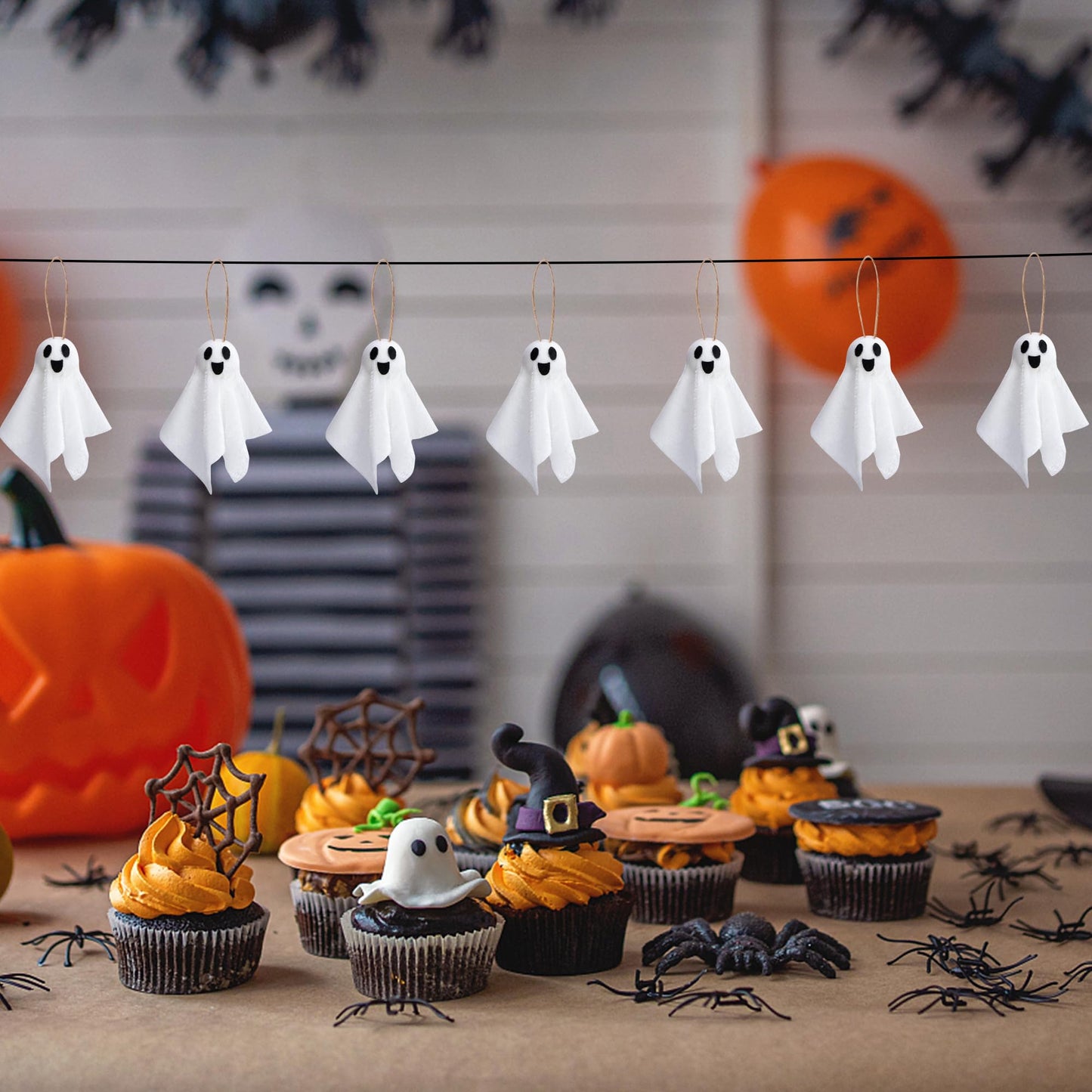 Watayo 16 Pcs Halloween Hanging Ghosts Decoration, 3.5" x 3" Outdoor Small Ghosts Tree Ornaments, Farmhouse Rustic White Cloth Ghost Hanging Decor for Yard Lawn Haunted House Party Decor