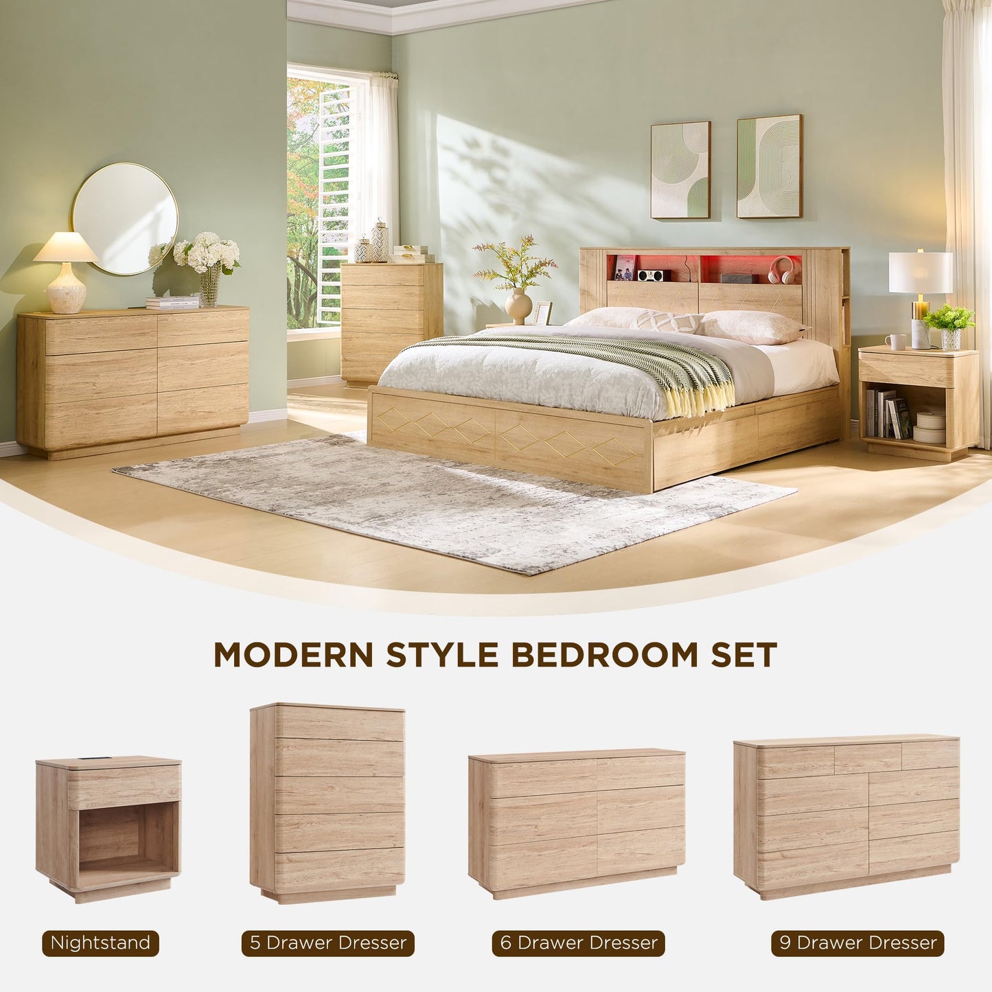 ACCOHOHO Modern Night Stand with Charger Station, 22" W Nightstand with Push-to-Open Drawers & Open Storage, Large Bedside Table for Bedroom, Living Room End Table, Curved Profile, Natural Oak