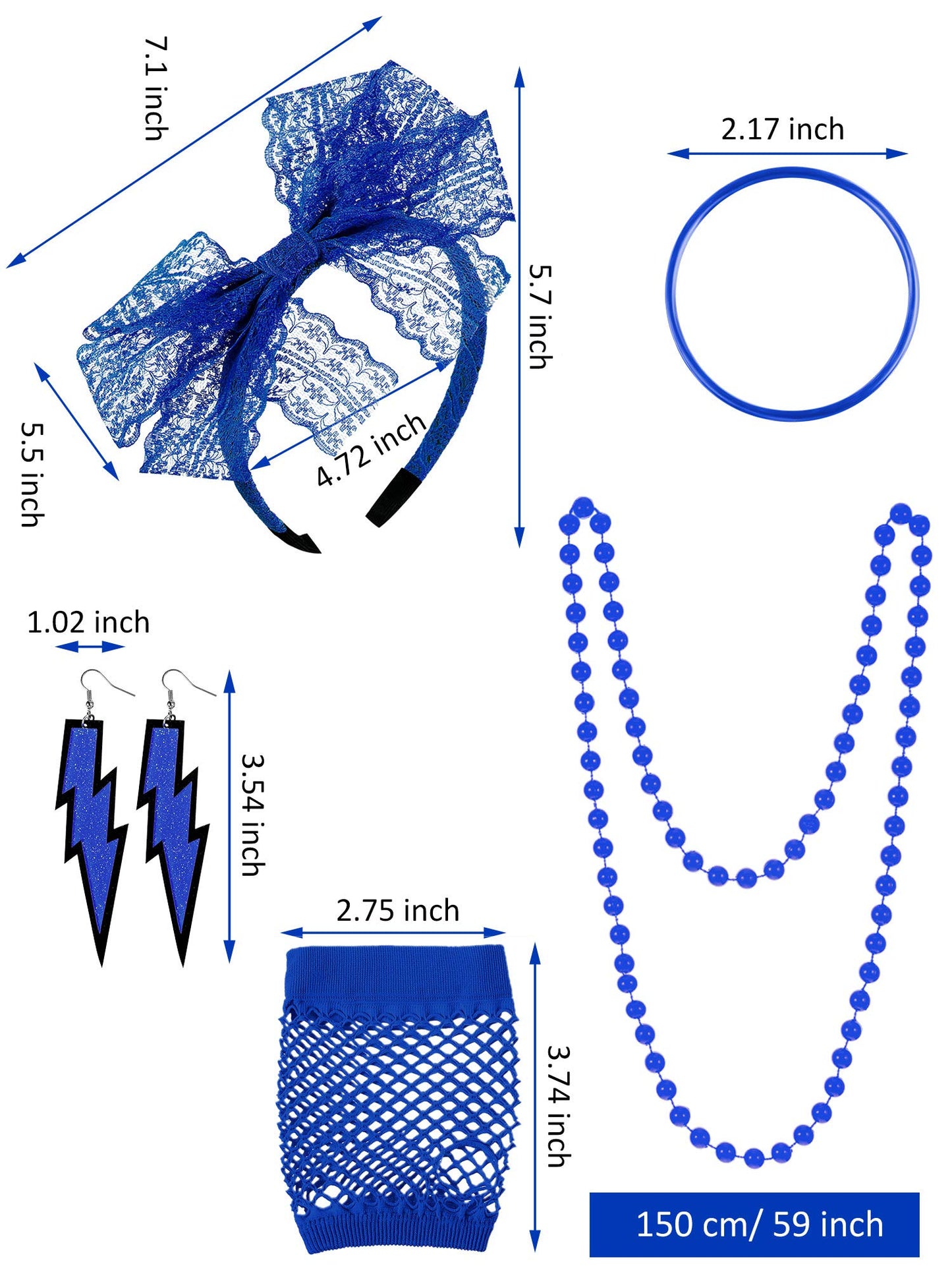 Women's 80s Costume Accessories Set, Lips Print T-Shirt Adult Tutu Skirt Lace Headband Neon Earrings Necklace Leg Warmers Fishnet Gloves Bracelet (Royalblue, XXL)