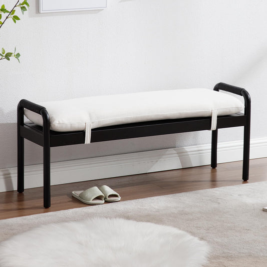 48" Upholstered Bench for Bedroom End of Bed, Linen Entryway Bench for Living Room, Dining Bench with Padded Seat and Black Wooden Legs for Kitchen Bedroom/Indoor/Hallway, Beige
