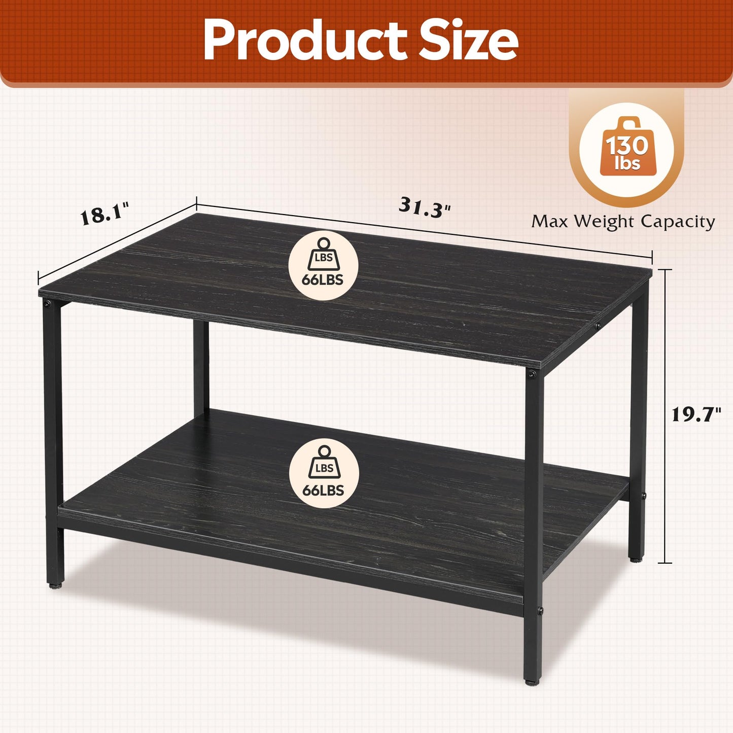 WLIVE Small Coffee Table for Living Room, 31.3" Modern Industrial Coffee Table with Storage Shelf & Metal Frame, 2-Tier Wood Center Table for Small Spaces Apartment, Home, Charcoal Black