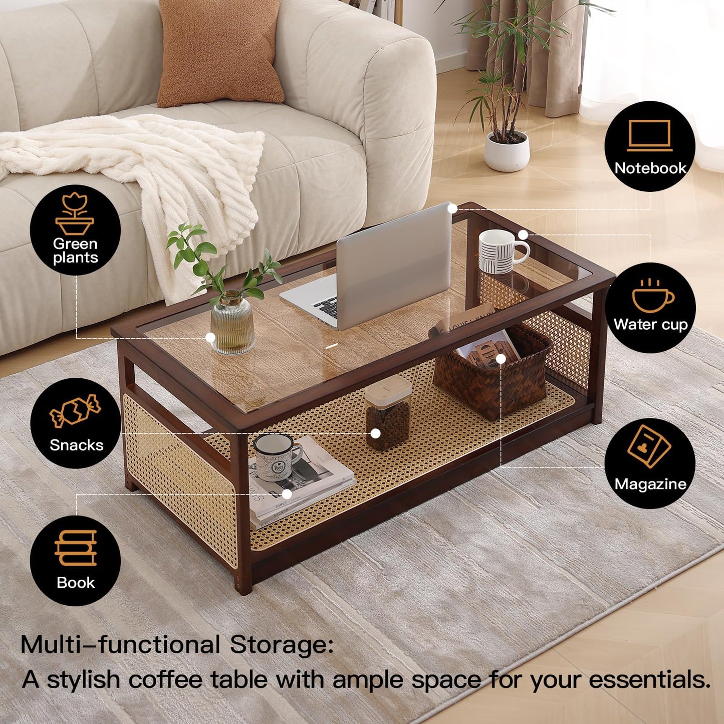 Welnow Rattan Coffee Tables for Living Room, Modern 2-Tier Coffee Table, Mid Century Rectangle Coffee Table with Storage Shelf & Glass Top, Large Boho Center Table for Apartment, Walnut