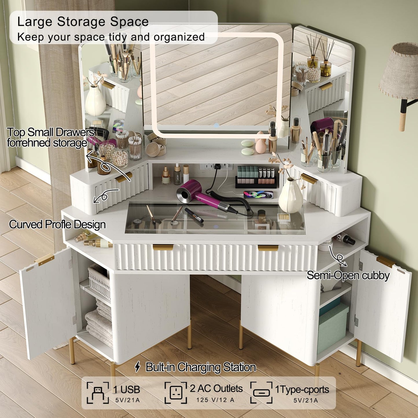 48'' Modern Vanity Desk with HD Triple Mirror & Lights,Large Corner Vanity Table with Glass Top, Charging Station,1Multifunctional Drawers & 2 Small Drawers, Dressing Table Set with 2 Cabinets, White