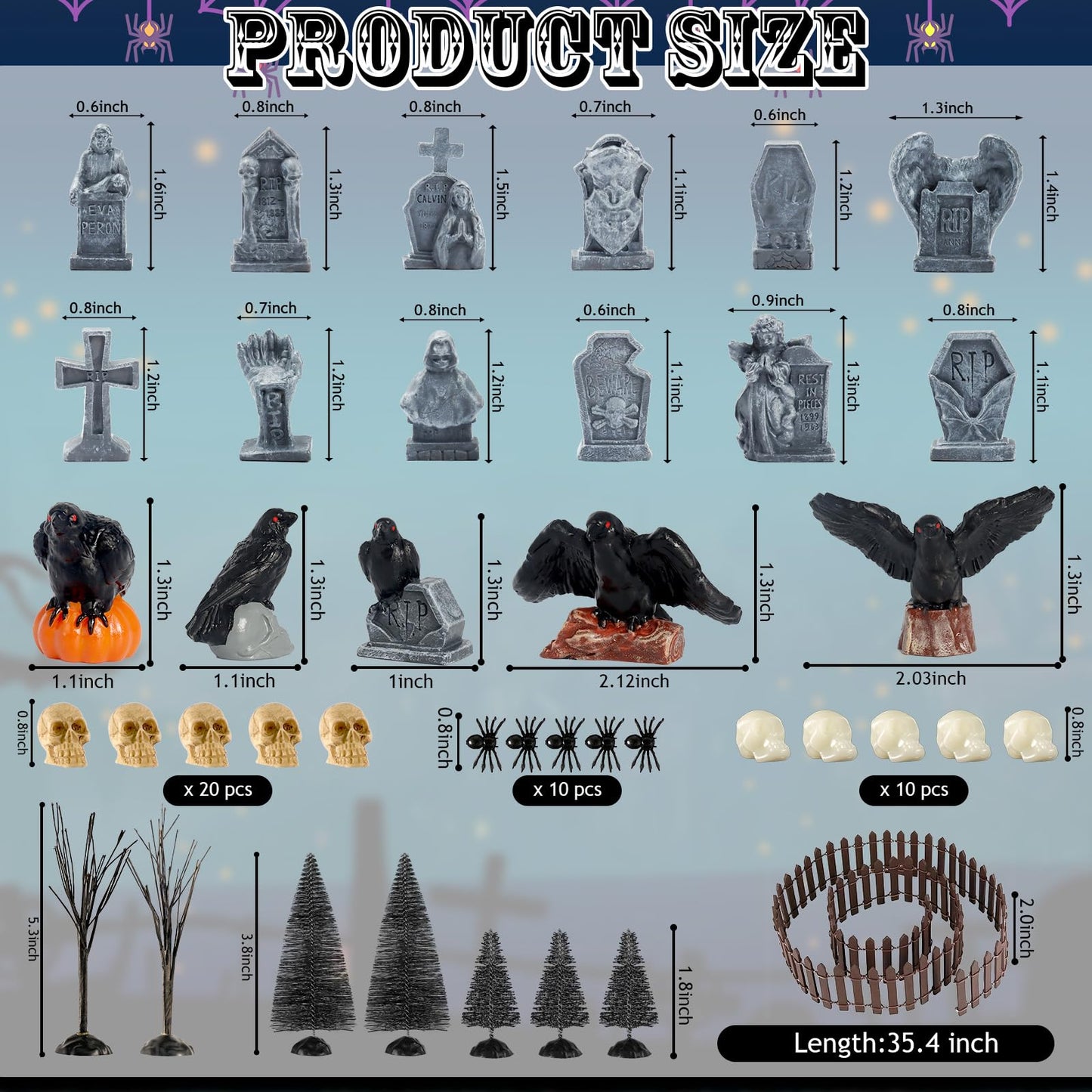 65 Pcs Halloween Village Accessories Set Miniature Tombstone Crow Figurines Mini Plastic Skulls Spiders Fence Bare Branch Trees Halloween Town Set for Mini Graveyard Scene Decor