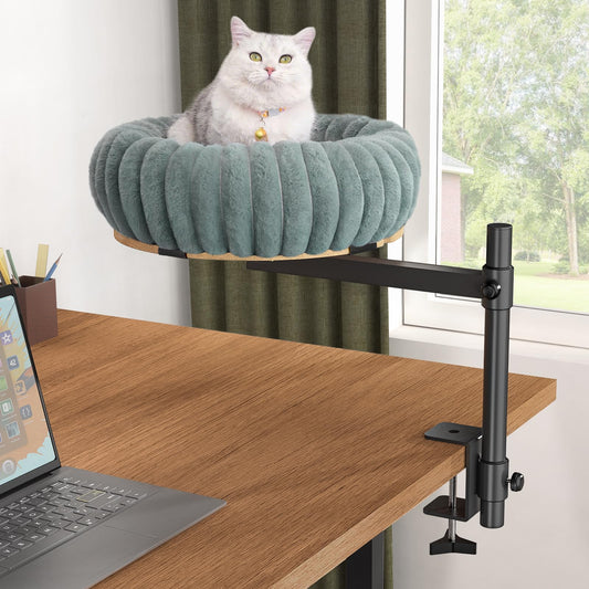 XiaZ Cat Desk Bed Elevated Cat Desk Perch Rotating & Adjustable Desk Mounted Nest, Perfect Cats Table Beds for Working from Home/Office, Dual Mounting Options Desk Top/Under Desk