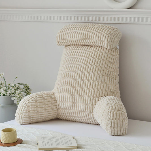 WERDIM Reading Pillow with Detachable Neck Roll, Large Back Pillow for Sitting Up in Bed Couch, Adult Bed Rest Pillow with Arms for Reading/Watching TV/Gaming, Beige