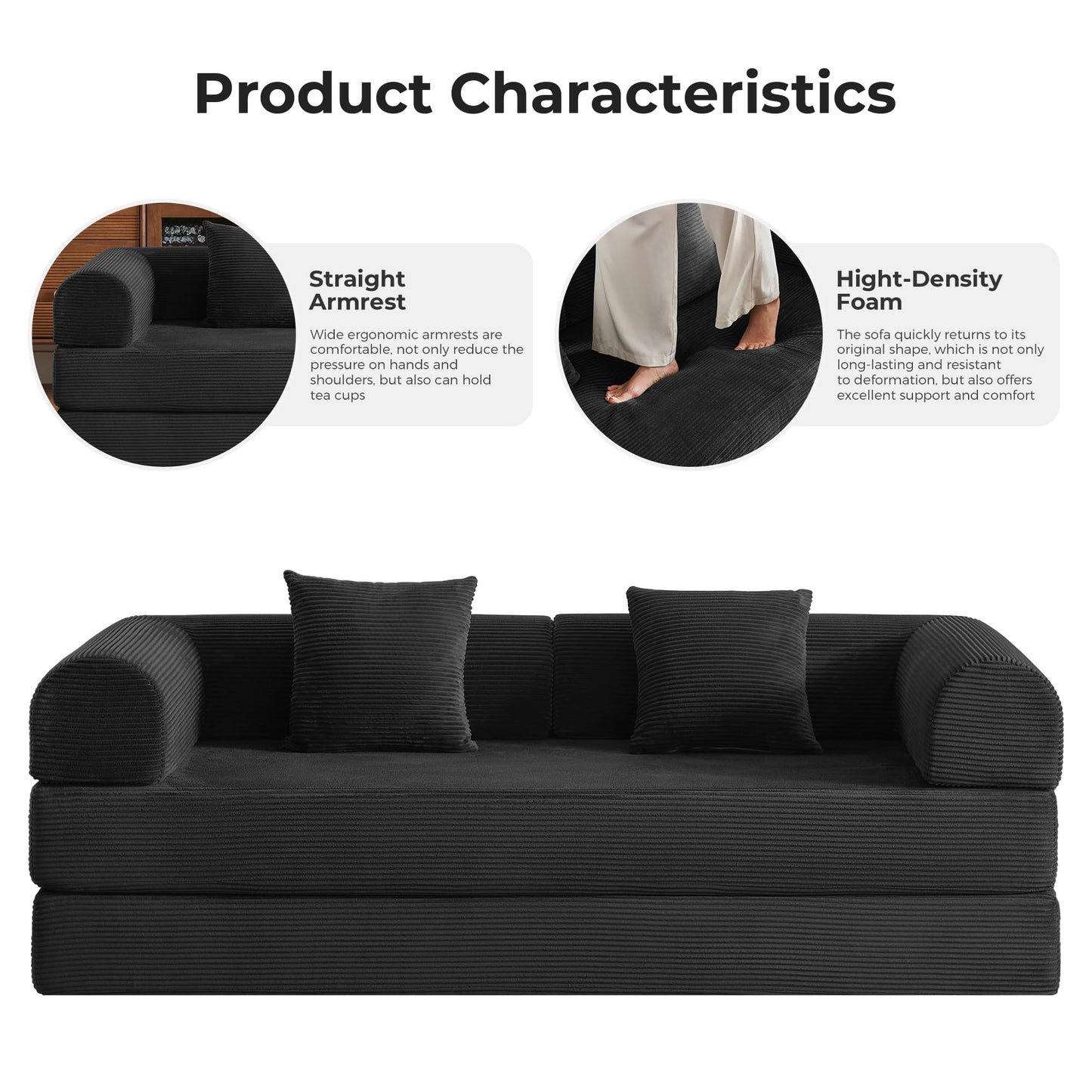 79" Modular Sofa Bed, Convertible Sleeper Sofa Bed, Couch Bed with Fixed-Shape Frame, Corduroy Floor Sofa Lounge Couch, Couches for Living Room with 2 Pillows, No Assembly Required, Black