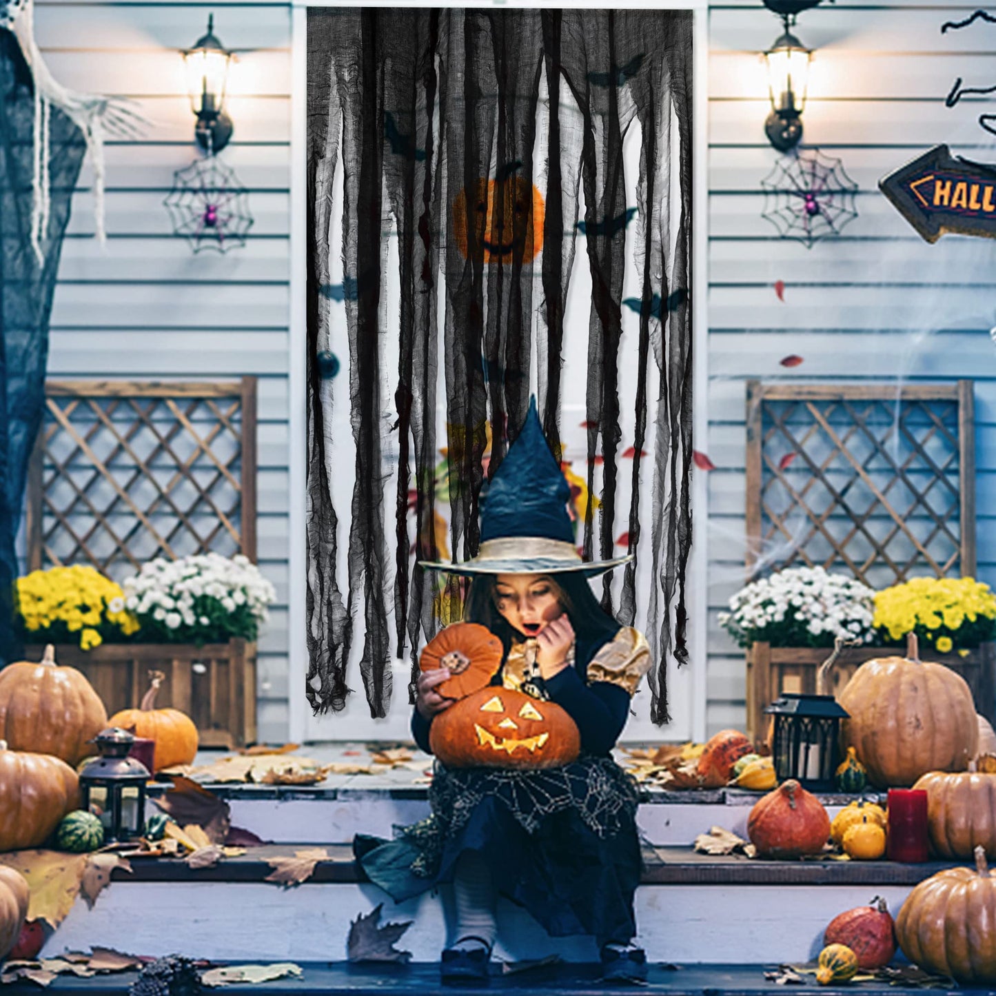 Watayo 3 Pcs Halloween Black Doorway Curtain- 65 x 39 Inch Creepy Gauze for Door Curtain Decorations- Scary Spooky Cloth for Halloween Party Haunted House Entrance Decor