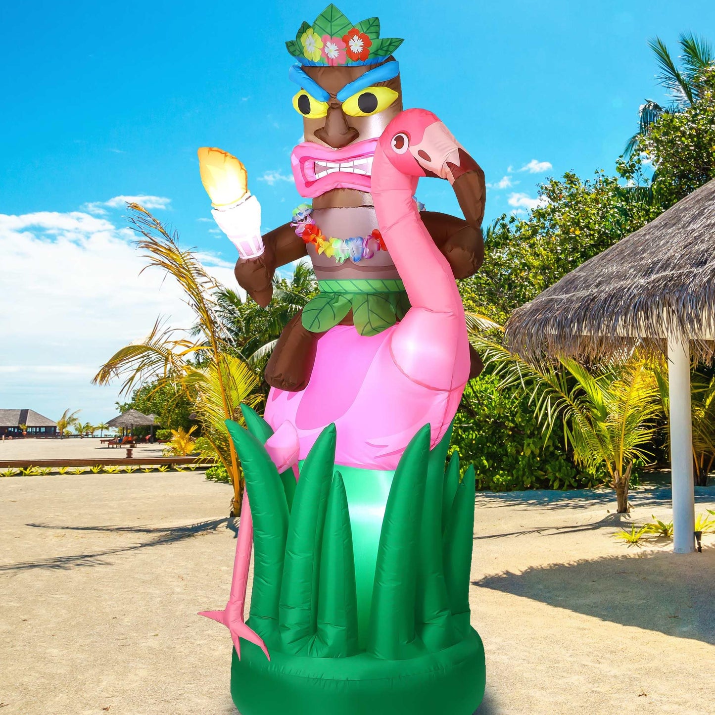 Vivantia 6 Ft Inflatable Tiki Flamingo Decor Hawaiian Tiki Inflatable with Air Blower LED Lighted Outdoor Decoration Blow Up Garden Decor for Summer Tropical Yard Garden Hawaiian Party Supplies