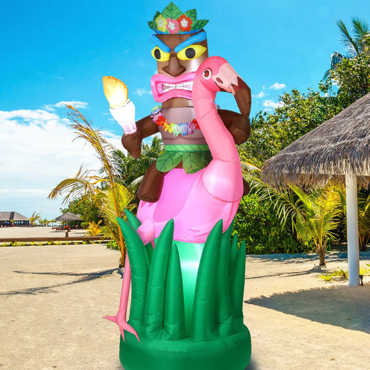 Vivantia 6 Ft Inflatable Tiki Flamingo Decor Hawaiian Tiki Inflatable with Air Blower LED Lighted Outdoor Decoration Blow Up Garden Decor for Summer Tropical Yard Garden Hawaiian Party Supplies