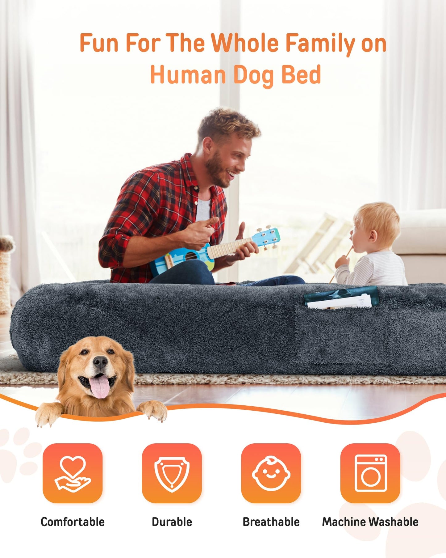 YEFU Human Dog Bed, 78.7"x44.8"x11.8"Human Dog Bed for Adult, Human Size Dog Bed with Washable Cover and Anti-Slip Bottom, Giant Dog Bed for Humans for nap and Floor Bed, Dark Grey