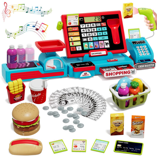 Wee Wonders 63PCS Cash Register for Kids, Kids Cash Register with Real Calculator, Pretend Play Store with Music/Motorized Conveyor/Play Money/Food Toys, Learning Toys for Boys Girls 3+, Red