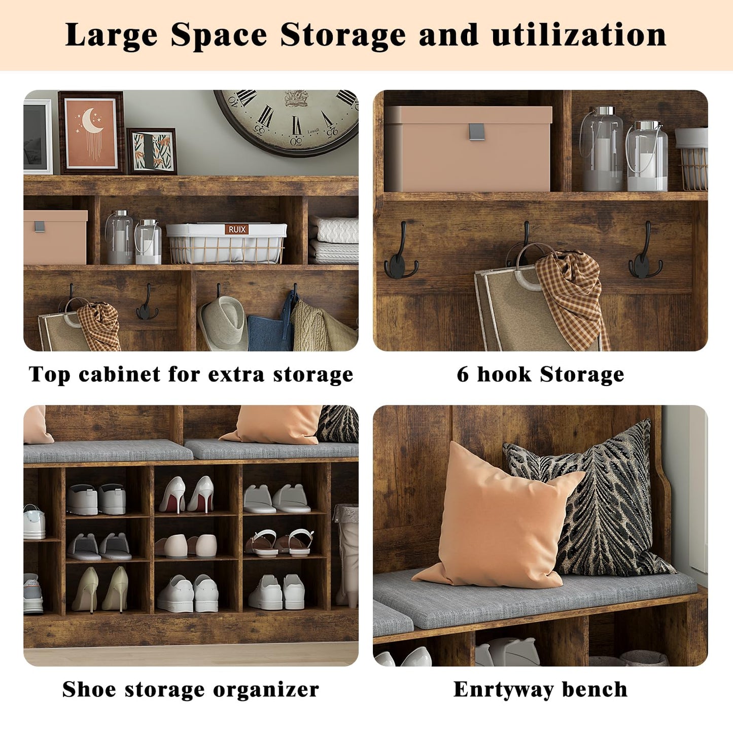 Wodeer Entryway Hall Tree with Bench and Shoe Storage, 53" Farmhouse 4-in-1 Mudroom Storage Organizer with Coat Rack, 6 Double Hooks, 12 Shoe Cubbies, Adjustable Shelf, for Hallway, Bedroom, Brown