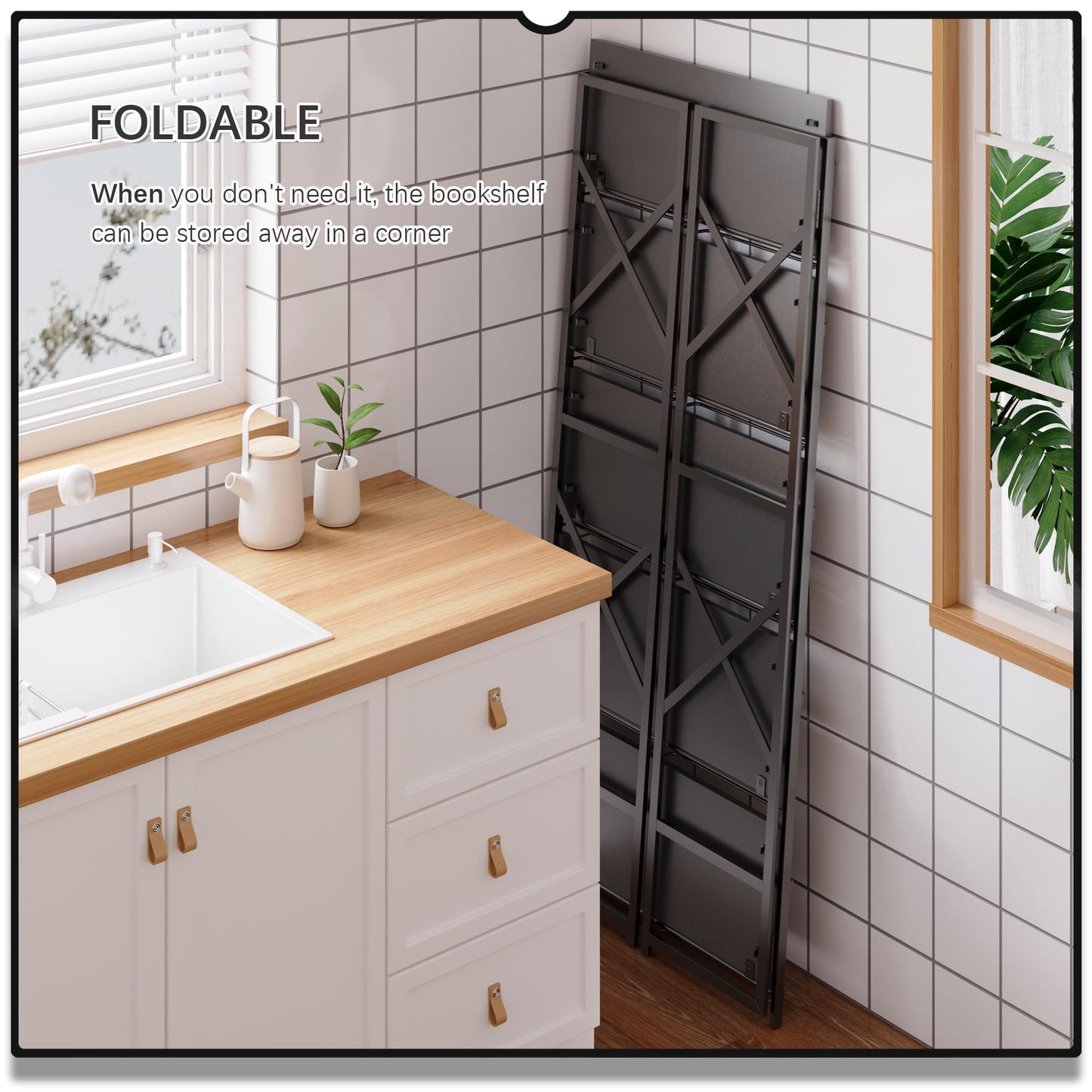 4NM 5 Tiers No Assembly Book Shelves, Black Folding Bookshelf Bookcase Open Industrial Foldable Shelves for Bedroom, Living Room, Home Office - All Black