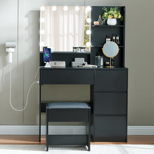 Alaxgumrol Black Vanity Desk with Mirror and Lights- Makeup Vanity Table Set with Power Outlet, 4 Drawers and Stool, Small Makeup Table with 3 Lighting Color Adjustable for Bedroom