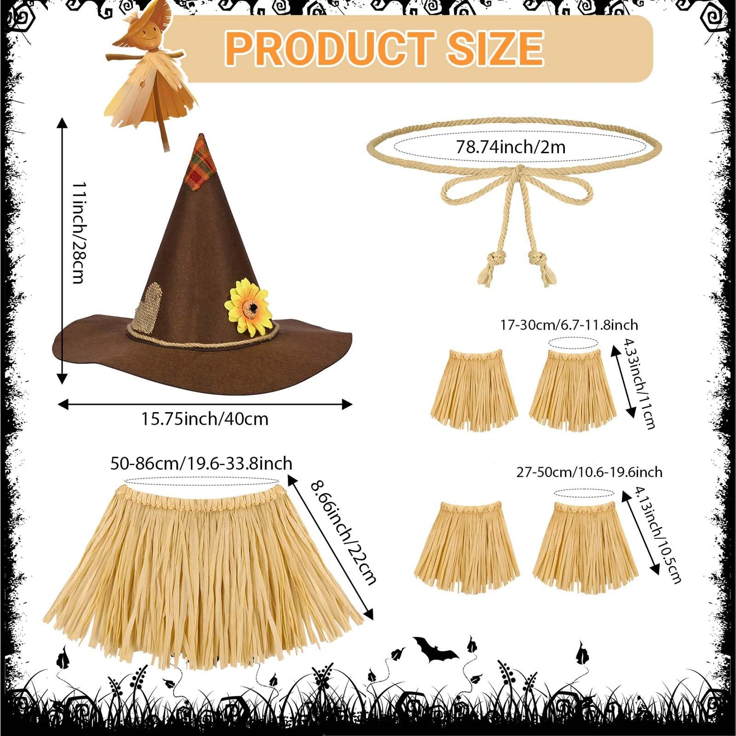 7 Pcs Scarecrow Costume Set Halloween Costume Scarecrow Belt Hat Rope Straw Kit for Oktoberfest Halloween Dress Up (Style 1)
