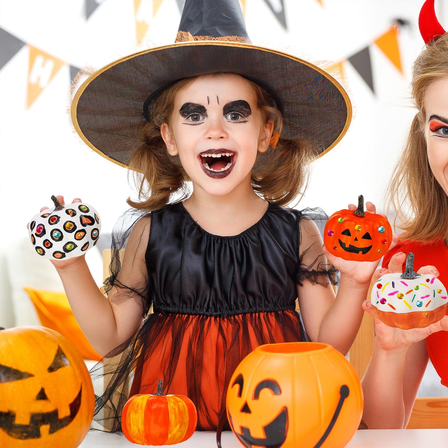Winlyn 16 Sets 3" DIY Fall Pumpkin Painting Kits Paint Your Own Pumpkins White Foam Craft Pumpkins with Jack-O-Lantern Face Stickers for Classroom Thanksgiving Halloween Decor Holiday Party Activities