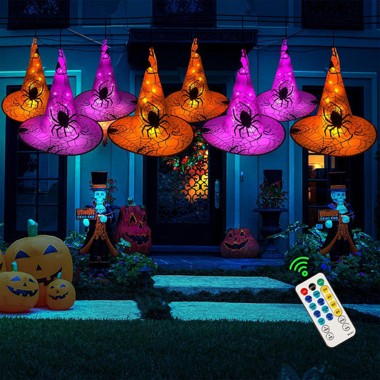 WATERGLIDE Halloween Decorations 8 Pcs Lighted Hanging Witch Hats, Remote Control with 8 Modes Light Up 14 FT Halloween String Lights, for Indoor Outdoor Yard, Lawn, Graveyard Scenes Party