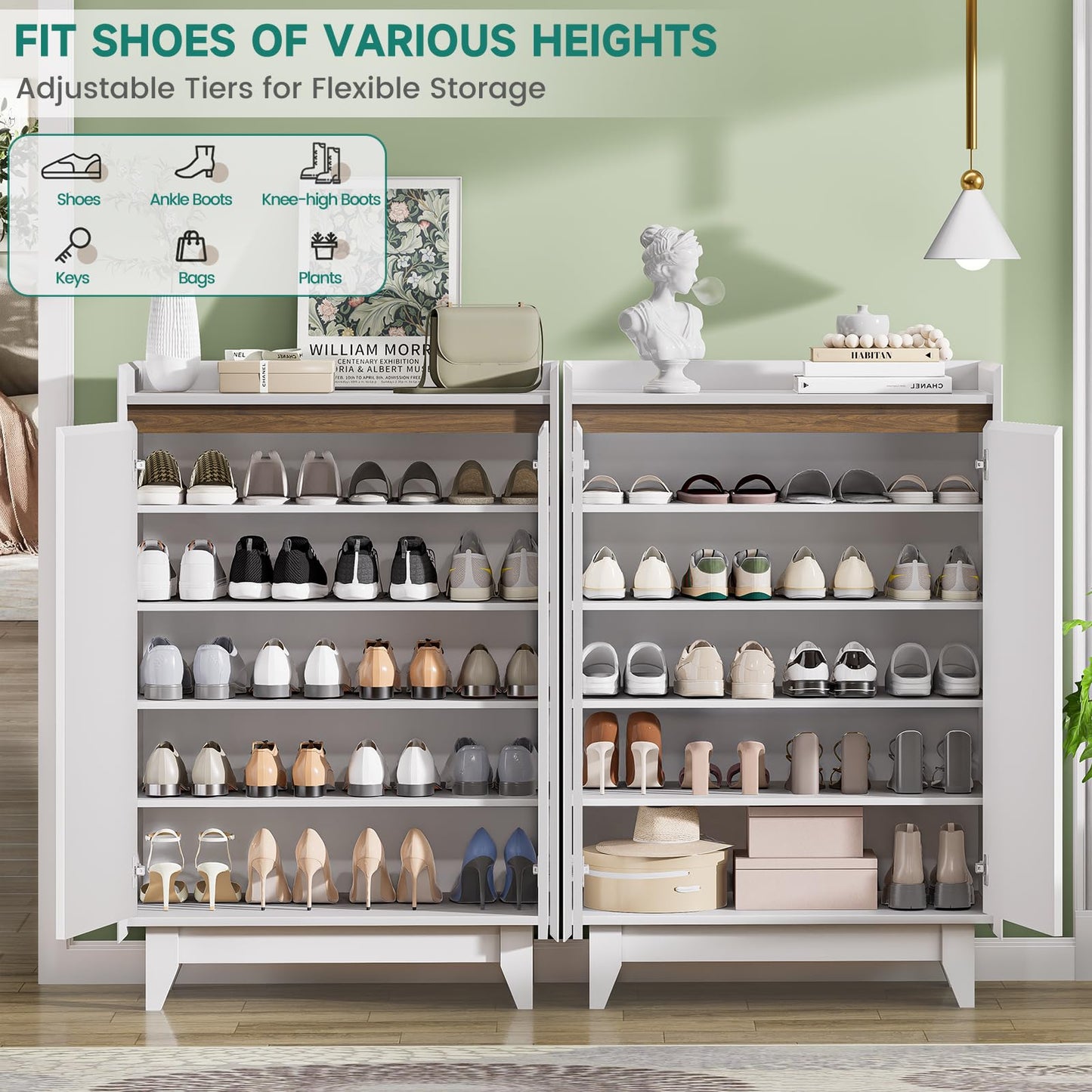 White Fluted Shoe Cabinet, 5-Tier Shoe Storage Cabinet with Adjustable Shelves, 43.7”H Tall Shoe Cabinet Storage for Entryway Hallway Living Room, Shoe Rack Organizer White & Walnut Wave Fluted Design