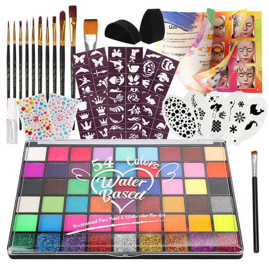 54 Color Face Painting Kit for Kids - Non Toxic Water Activated Face Paint Palette with Book, Stencils, Brushes, Gems & Glitter. For Halloween, Carnival, Party; Costume Makeup for Creative Activities
