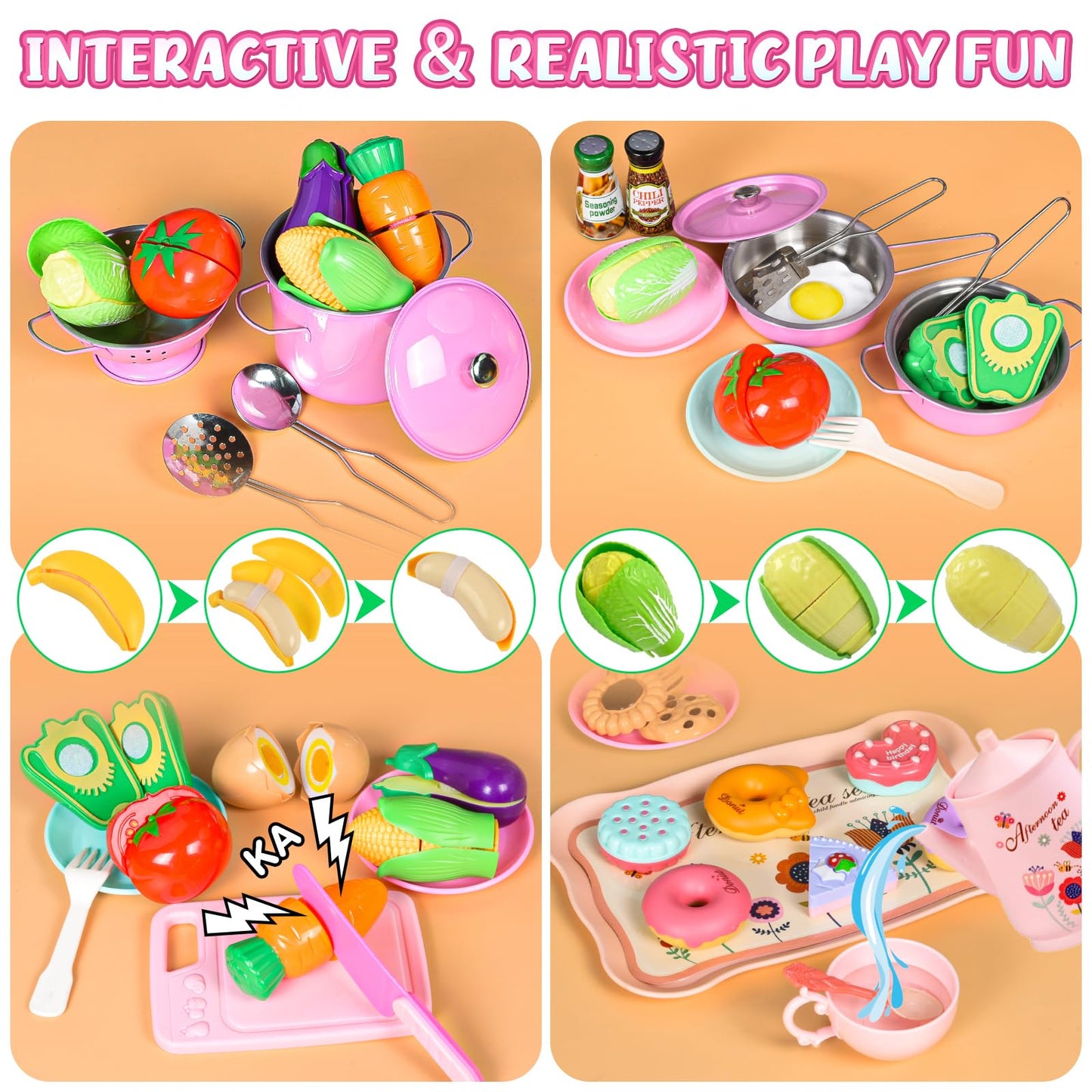 121Pcs Play Kitchen Accessories, Kids Kitchen Playset, Pretend Play Food Tea Party Set, Toy Kitchen Kids Cooking Real with Apron＆Chef Hat, Utensils Cookware Pots＆Pans, Toy Organizer, Toddler Toys Gift