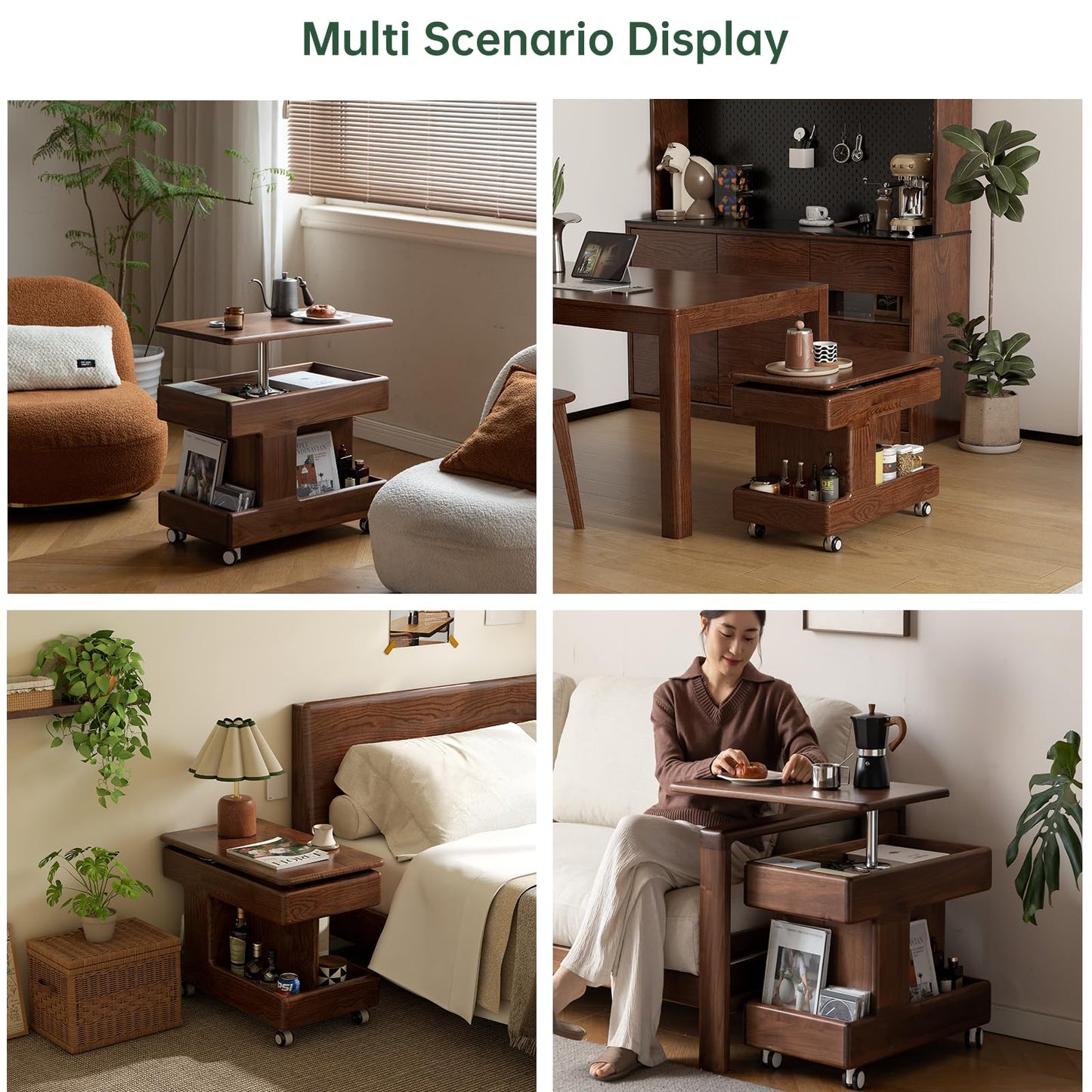 100% Solid Wood Lift Top Coffee Table with Storage, Small Bedside Table with Wheels and Rotating Desktop, Transform Coffee Table for Living Room, Recliner and Small Places(Walnut, No Need to Install)