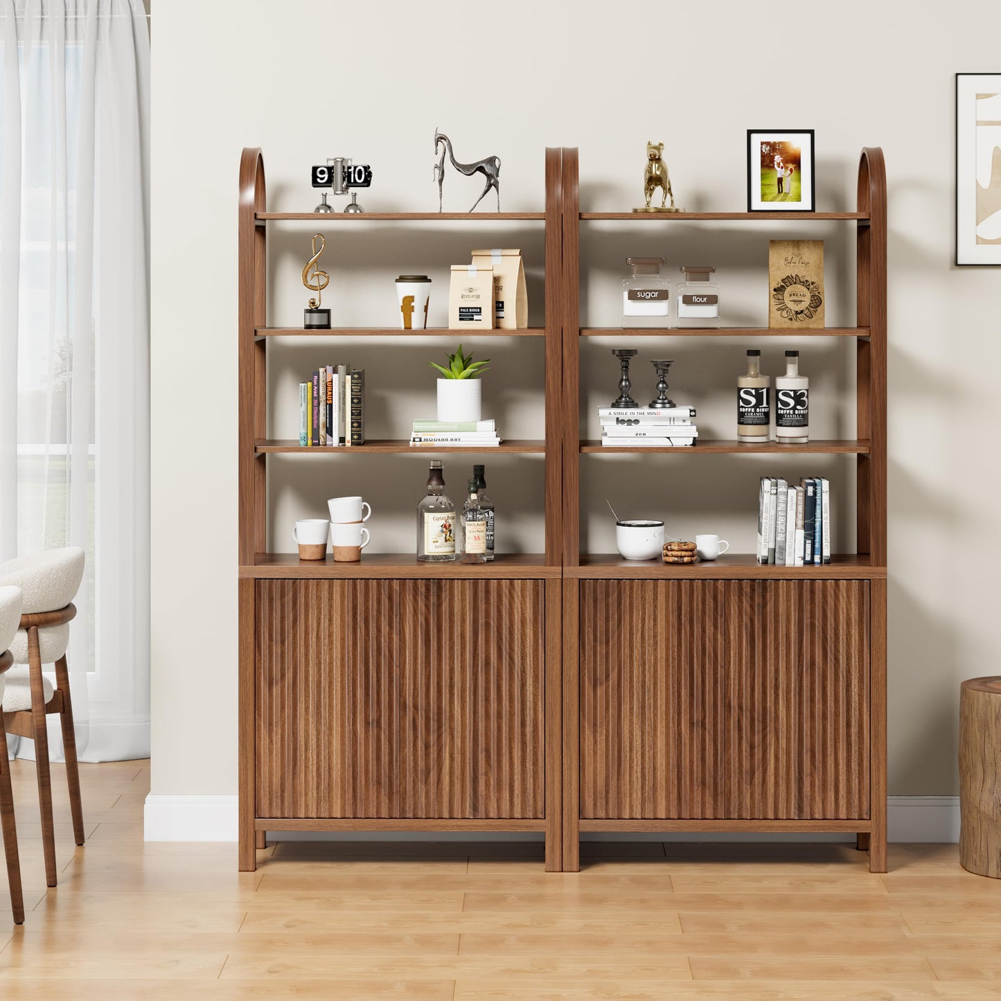 71” Tall Arched Bookshelf Storage with Fluted Doors, Mid Century Modern 6 Tier Bookshelves, Freestanding Bookcase Cabinet with Open Display Storage Shelf for Living Room Home Office Bedroom, Walnut