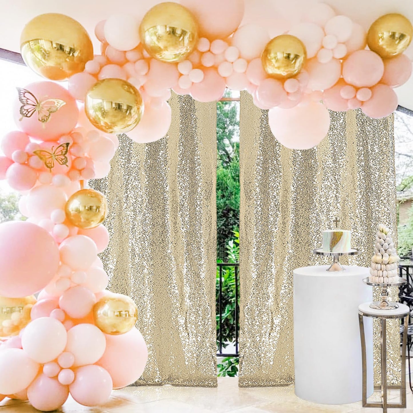 2×8FT-2PCS Champagne Gold Sequin Backdrop Curtains Panels, Photography Backdrop Glitter Curtains Fabric Background for Christmas Wedding Party Decor