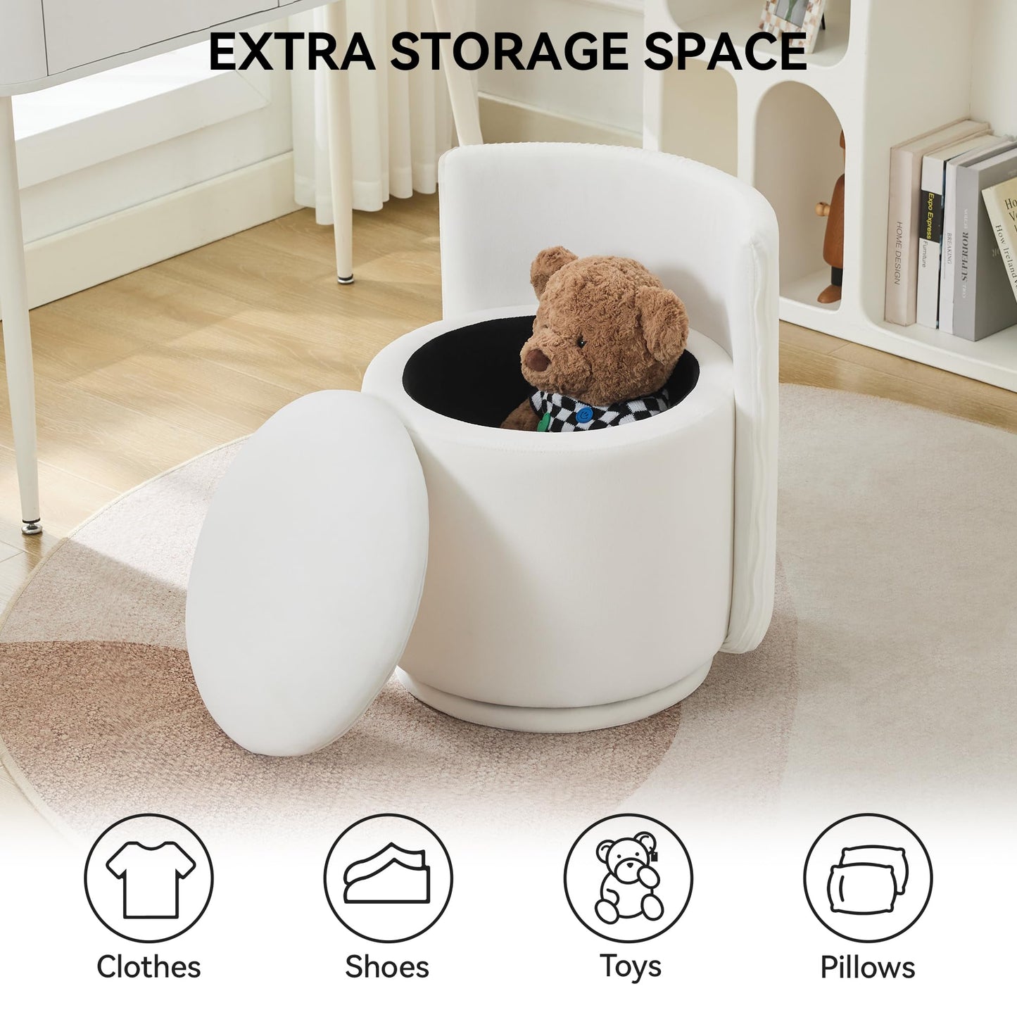 WUTUTUEE Velvet Vanity Chair with Storage, 360° Swivel Makeup Chair with Wave Back, No Assembly Small Accent Stool for Bedroom, Dressing, Living Room, White