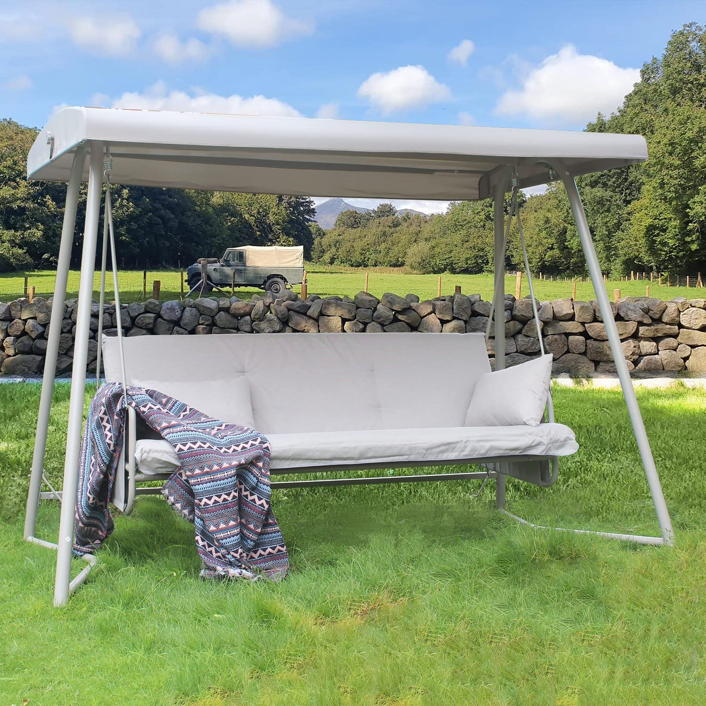 3-4 Seat Outdoor Porch Swing with Adjustable Canopy Patio Swing Bed with Stand Large Swing Glider Bench Chair Outside 770 lbs with Removable Cushions for Yard Garden Poolside Balcony (Champagne)