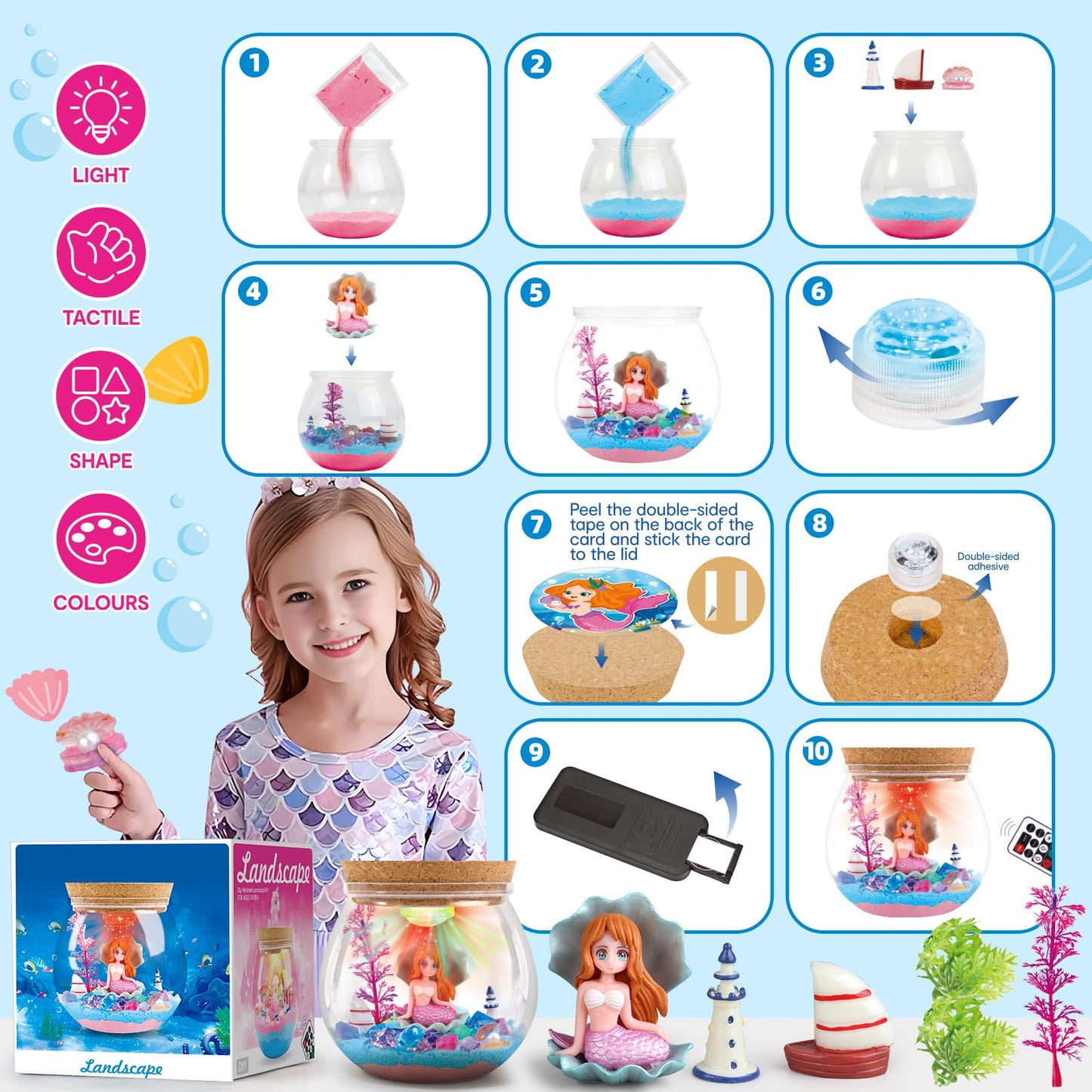Woumserta Mermaid DIY Terrarium Kit - Mermaid Craft Toys for Girls Age 6-8, DIY Light Up Terrarium Kit Gifts for Kids 6-12