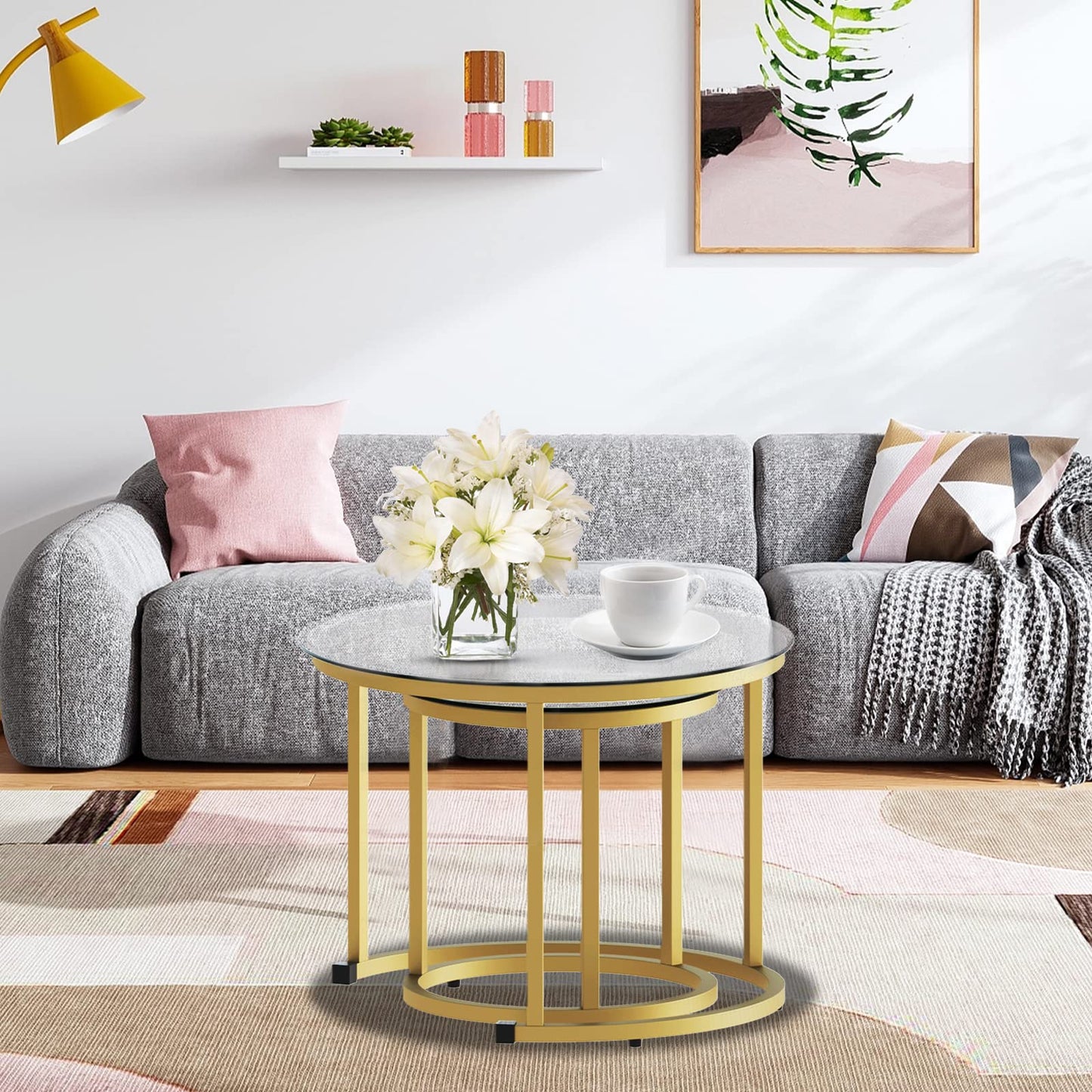aboxoo Gold Nesting Coffee Table Set of 2, Small Glass Round Nesting Tables for Living Room Bedroom, Accent Tea Table with Metal Frame Modern Industrial Simple