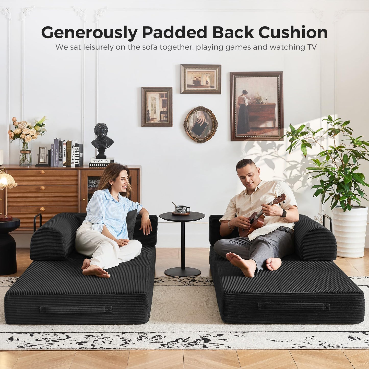 79" Modular Sofa Bed, Convertible Sleeper Sofa Bed, Couch Bed with Fixed-Shape Frame, Corduroy Floor Sofa Lounge Couch, Couches for Living Room with 2 Pillows, No Assembly Required, Black
