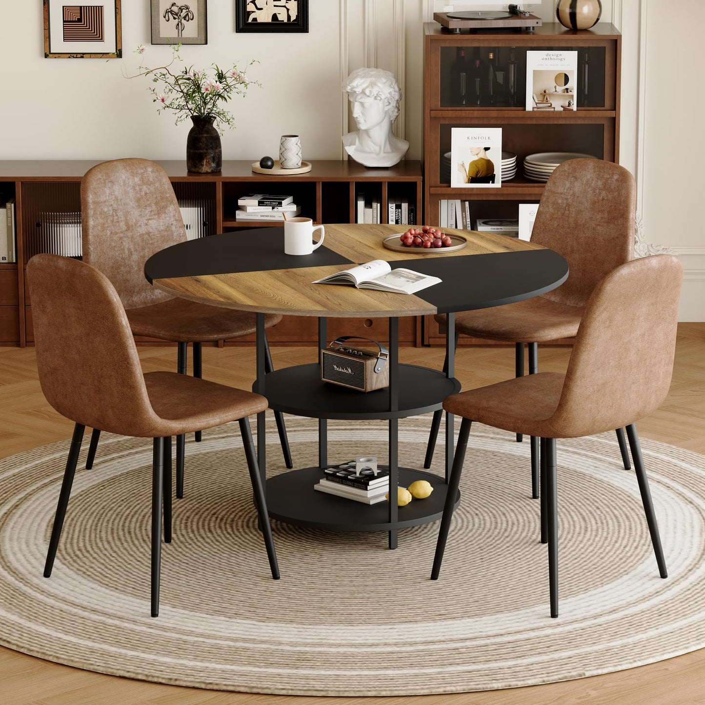 Vohuai Round Dining Table Set for 4,47.3''Wood Dining Room Table Set with 4 Upholstered Chairs,Round Color Blocked Tabletop with 2-Layer Storage Shelf,5 Piece Dinner Table Set for Kitchen Dining Room