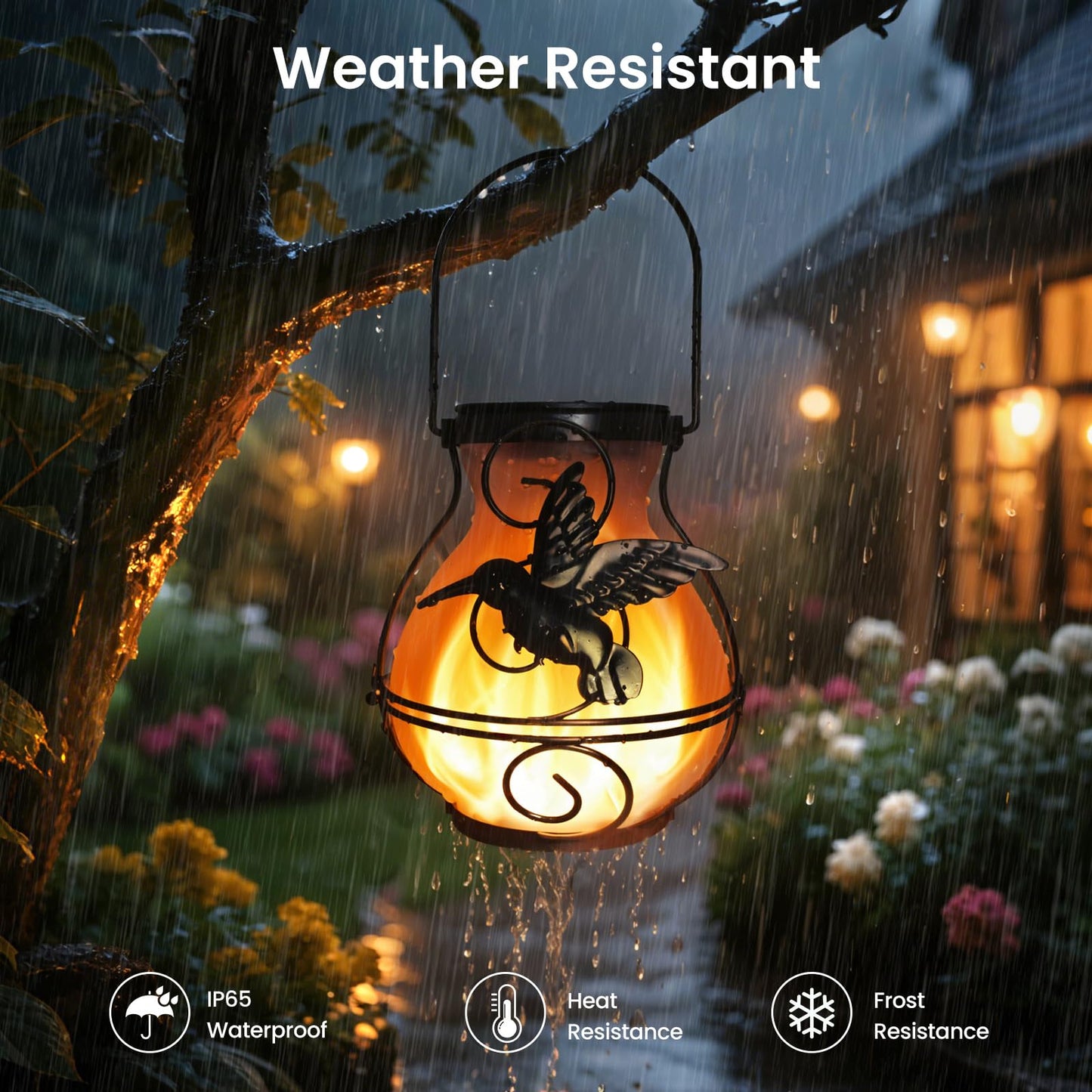 2 Pack Solar Lanterns Outdoor Waterproof Flickering Flame Lights Hummingbird Metal Hanging Solar Lantern Patio Porch Garden Decoration