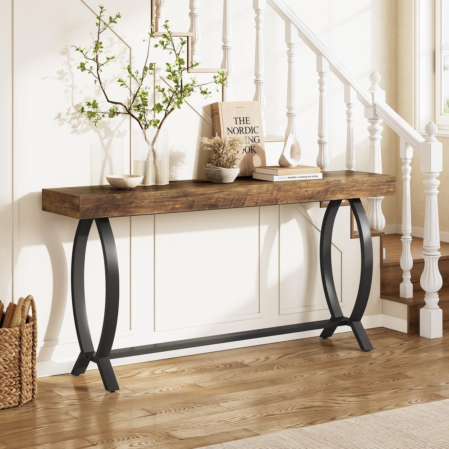 1Easylife 70.87 Inches Extra Long Console Tables for Entryway, Large Sofa Table Behind Couch, Rustic Brown Wooden Console Sofa Tables with Metal Fish-Shaped Legs for Living Room, Foyer Hallway Table