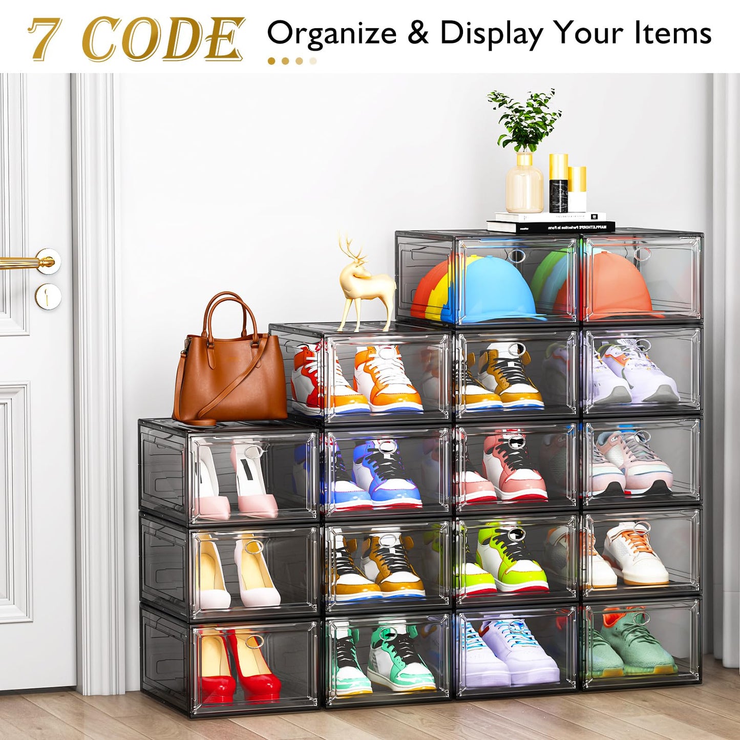 7 code Large Clear Shoe Boxes Organizer【Thicker Material】 Stronger Shoe Box with Magnetic Door, Stackable Shoe Storage Box for Closet, Foldable Space-Saving Storage Bins Shoe Cabinet, Black 9-Pack