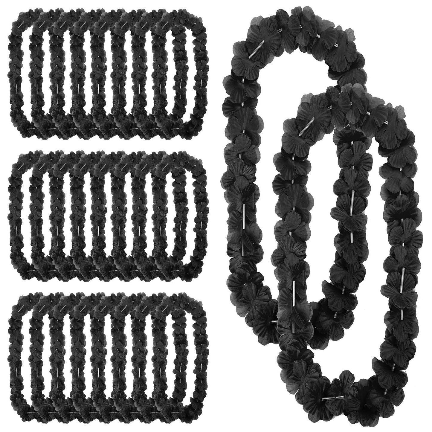 24 Counts Hawaiian Leis Necklace Tropical Flower Lei Floral Luau Party Decorations Hawaiian Flower Luau Necklaces Hula Dance Garland Headbands for Beach Birthday Wedding Party(Black)