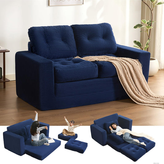 Afuson 61" Convertible Sofa Bed, Pull Out Loveseat Sleeper Sofa, 3 in 1 Folding Futon Bed, Fold Out Floor Bed Sofa with Pillows for Living Room Bedroom Lounge Guest Room, Corduroy, Blue