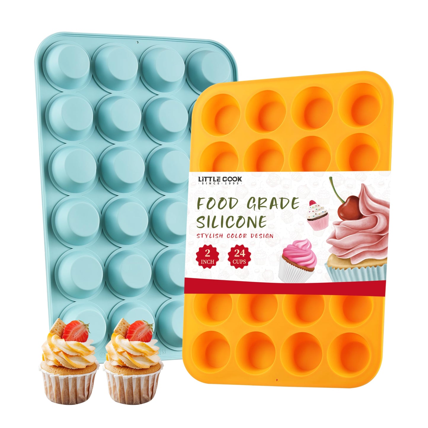 2PCS Silicone Mini Muffin & Cupcake Pan Set, Little Cook 24 Cups Mini Muffin Baking Pan, Non-Stick, BPA Free, Dishwasher Safe, Perfect for Making Muffin, Cakes, Tart (Orange + Peacock Blue)