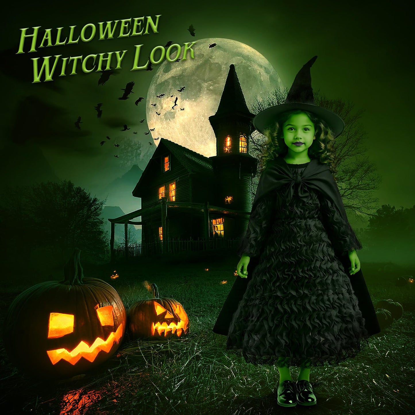 Witch Costume for Girls - Halloween Costume for Kids, Black Ruffled Witch Dress with Witch Hat, Cape, Glasses Cosplay Outfit