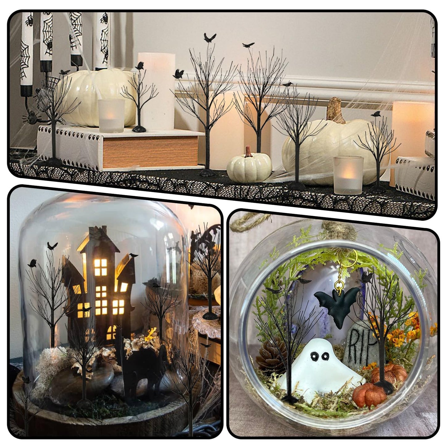 Warmtree 6 Pcs Halloween Village Trees Mini Decor Tree Artificial Tabletop Branch Trees, Halloween Village Accessories with Crows Figurine for Holiday Home Garden Office Festival Decor