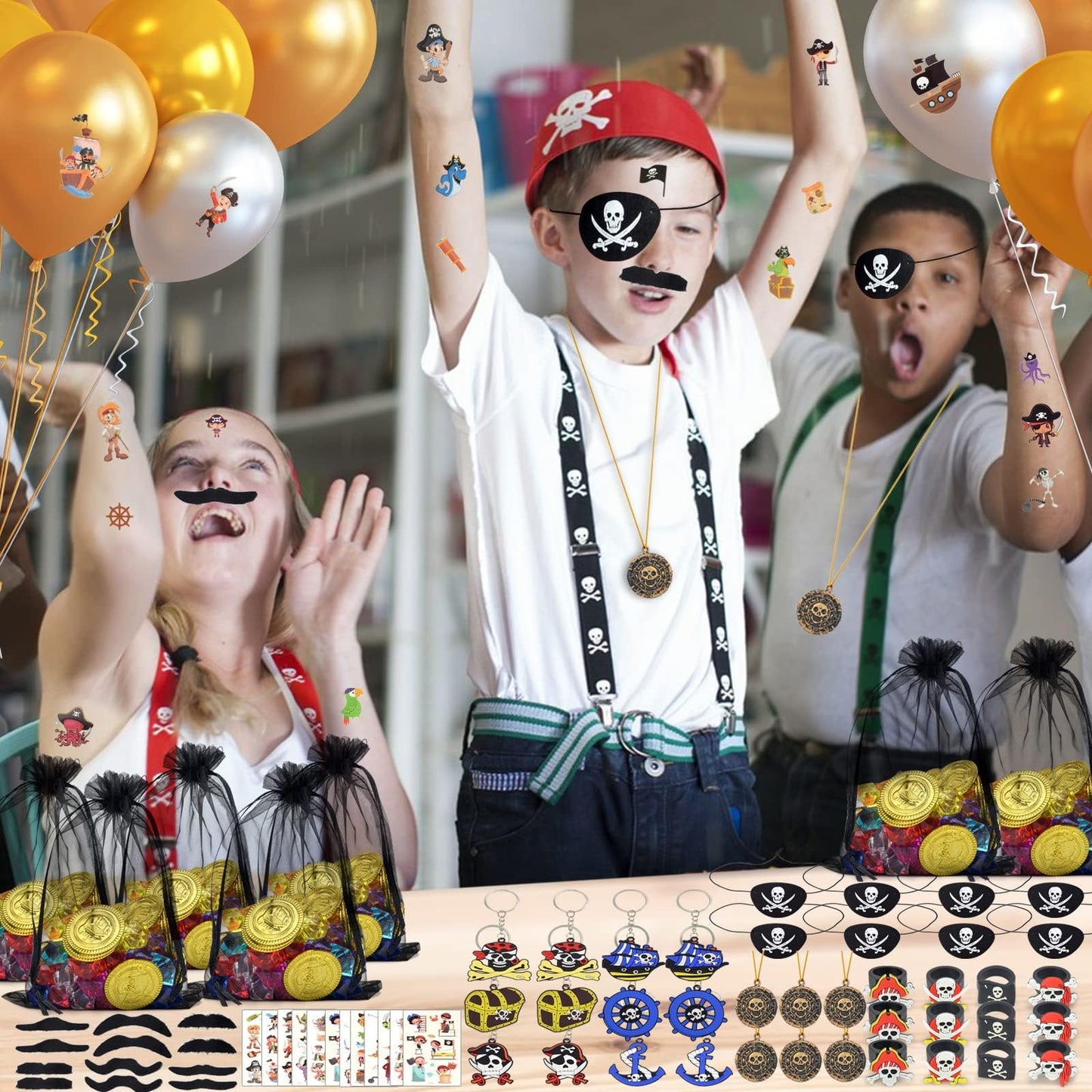 168Pcs Pirate Party Favors Supplies, Pirate Birthday Party Decorations, Pirate Gift Bags with Pirate Eye Patch Mustache Gold Coins Gems Tattoos for Kids Boys Pirate Birthday Party Goodie Bag Fillers