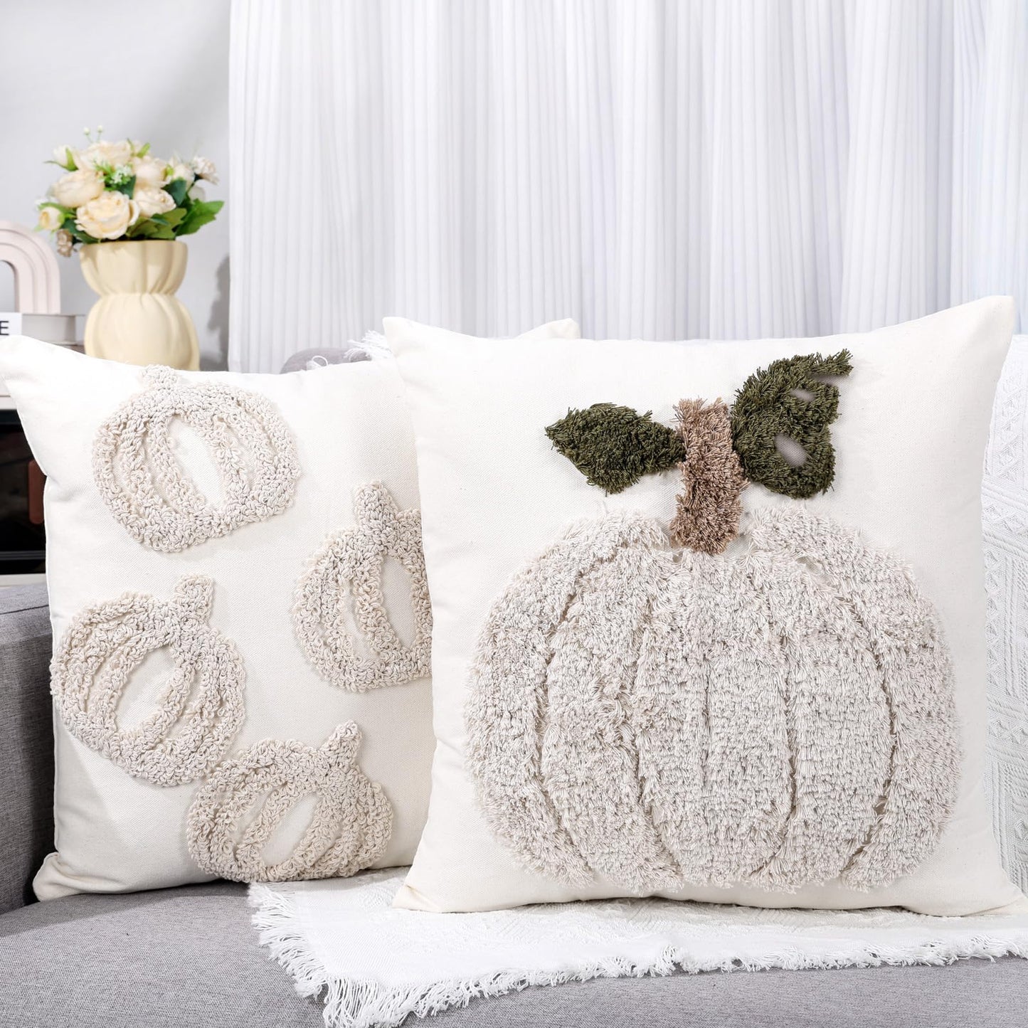 2 PCS Pumpkin Pillow Covers Fall Pillow Covers 18x18 Inch Square Beige White Linen Embroidered Throw Pillow Cases Autumn Halloween Thanksgiving Soft Decor for Sofa Bed Couch Living Room Farmhouse Home